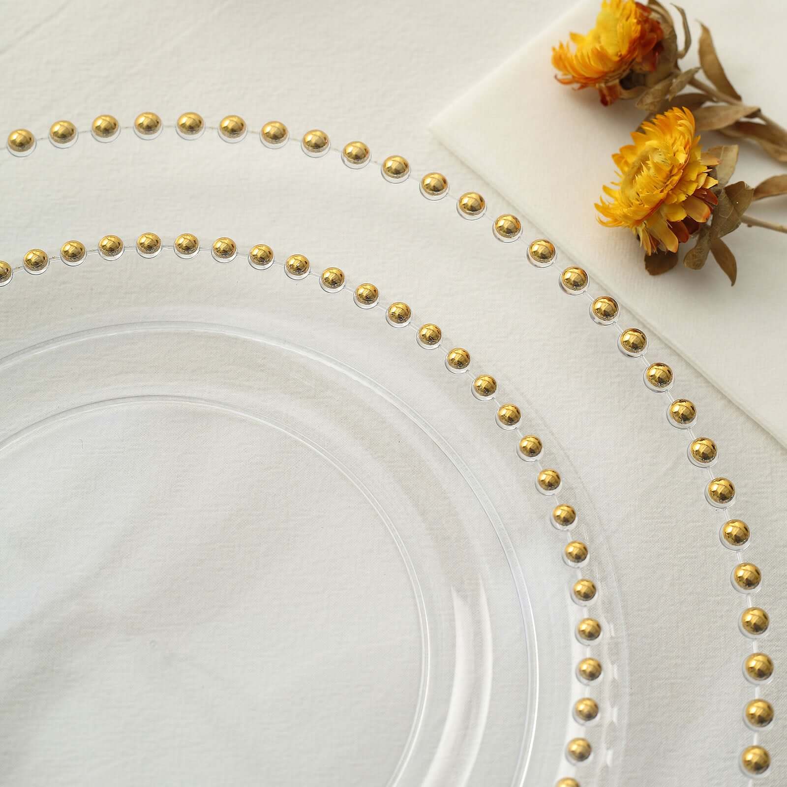 10-Piece Set of Disposable Clear Plastic Round Dessert Plates with Gold Beaded Rim for Parties & Events