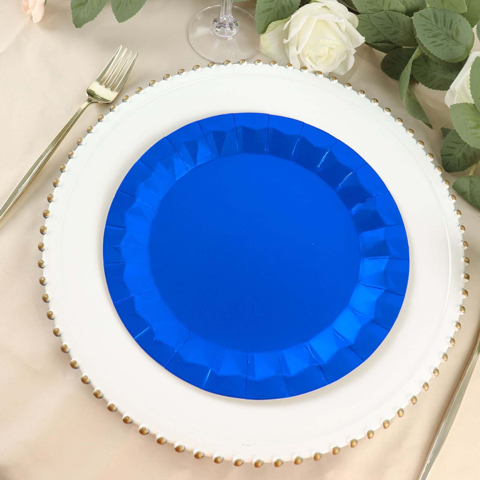 Hot Deal! 25-Piece Set of Disposable 400GSM Royal Blue Round Dinner Paper Plates with Geometric Prism Rim