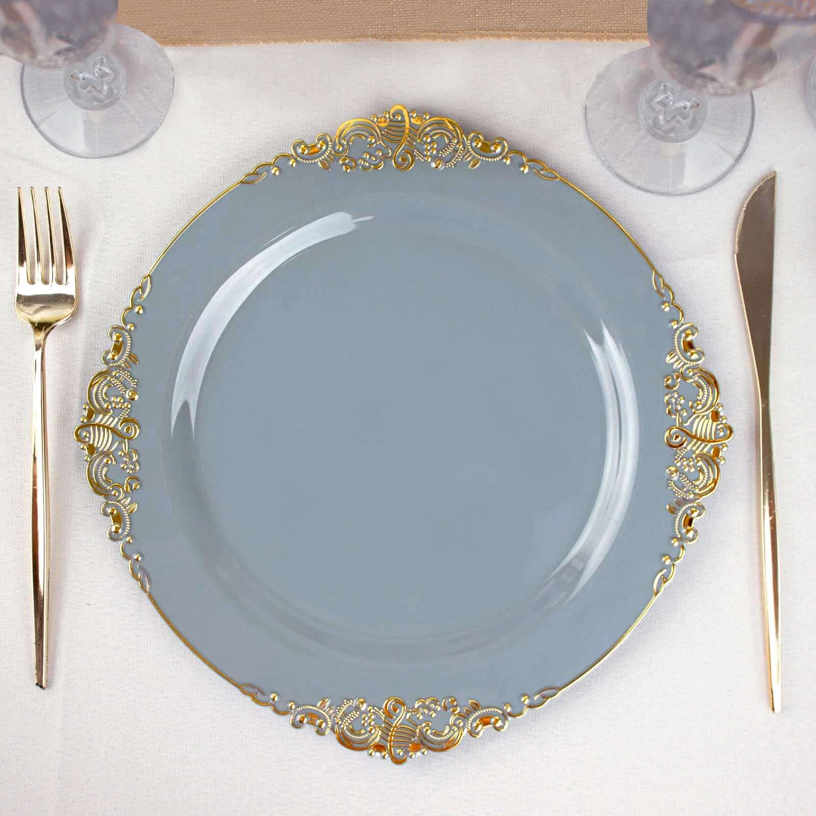 10-Pack Disposable Vintage Baroque Round Dinner Plates in Dusty Blue with Gold Leaf Rim - Great Value!