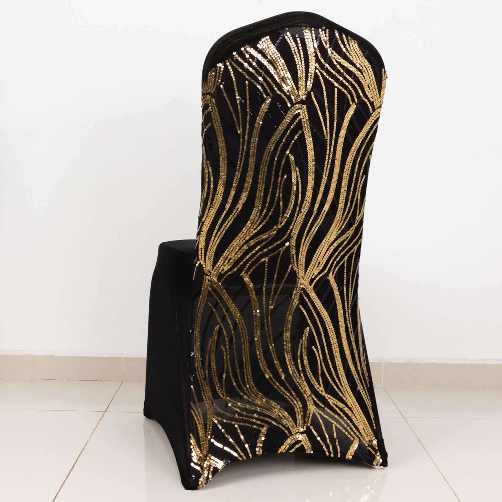 Sparkling Black/Gold Spandex Banquet Chair Cover with Wave Embroidered Sequins - Fitted Stretch Slipcover