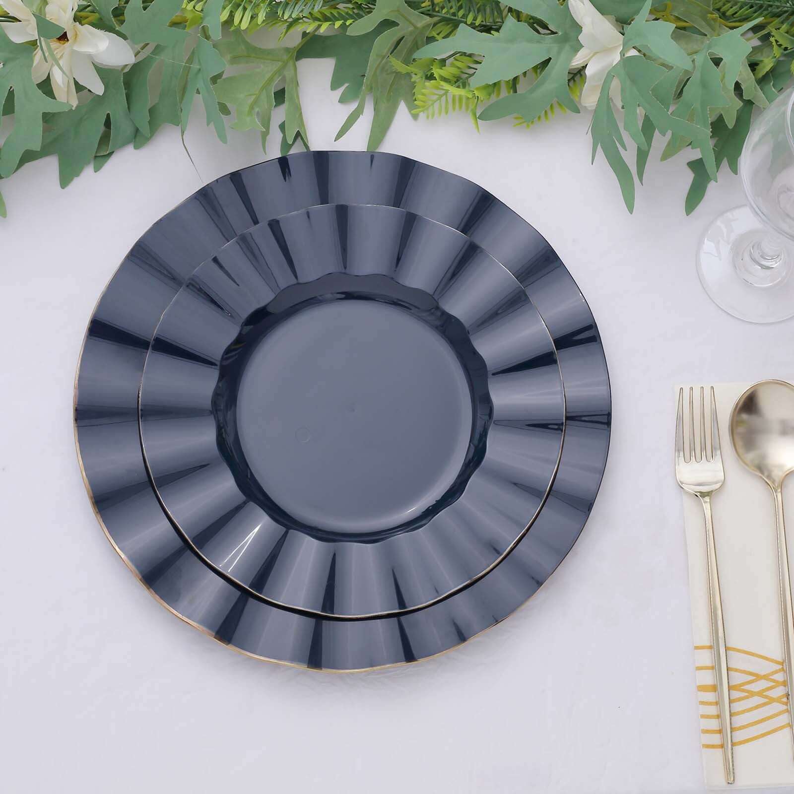 Hot Deal! 10-Pack 11" Navy Blue Plastic Round Dinner Plates with Gold Ruffled Edging - Sturdy Disposable