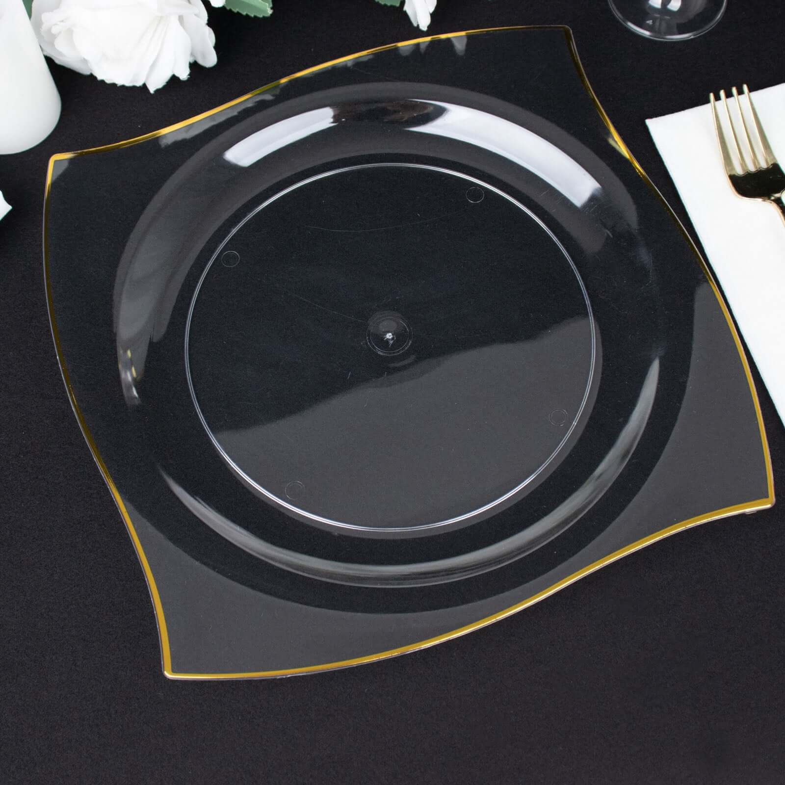 10-Pack Disposable Clear Plastic Square Dinner Plates with Gold Wavy Rim