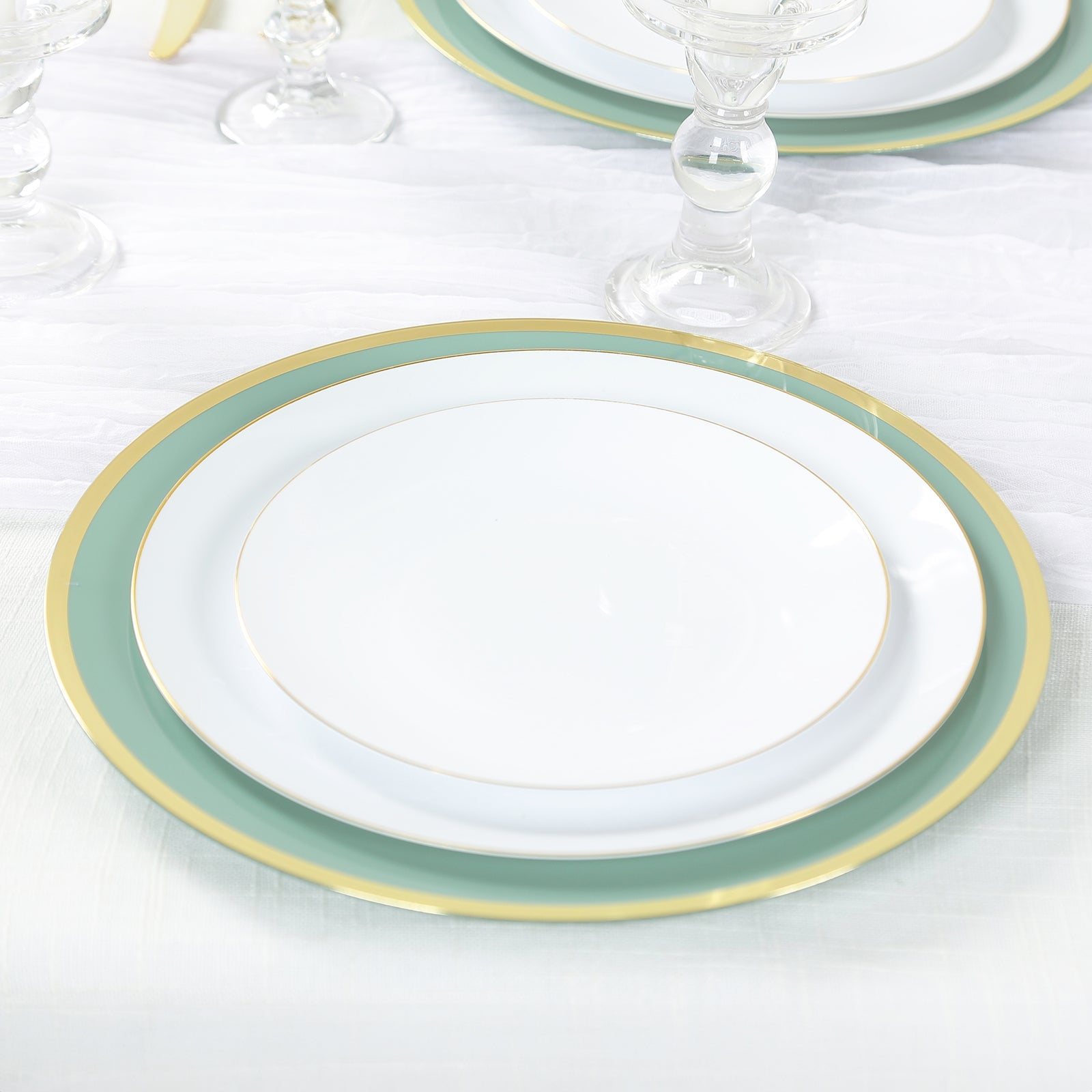 Economy 10-Pack 12-Inch Round Dusty Sage Green Plastic Charger Plates with Wide Gold Rim for Party Serving