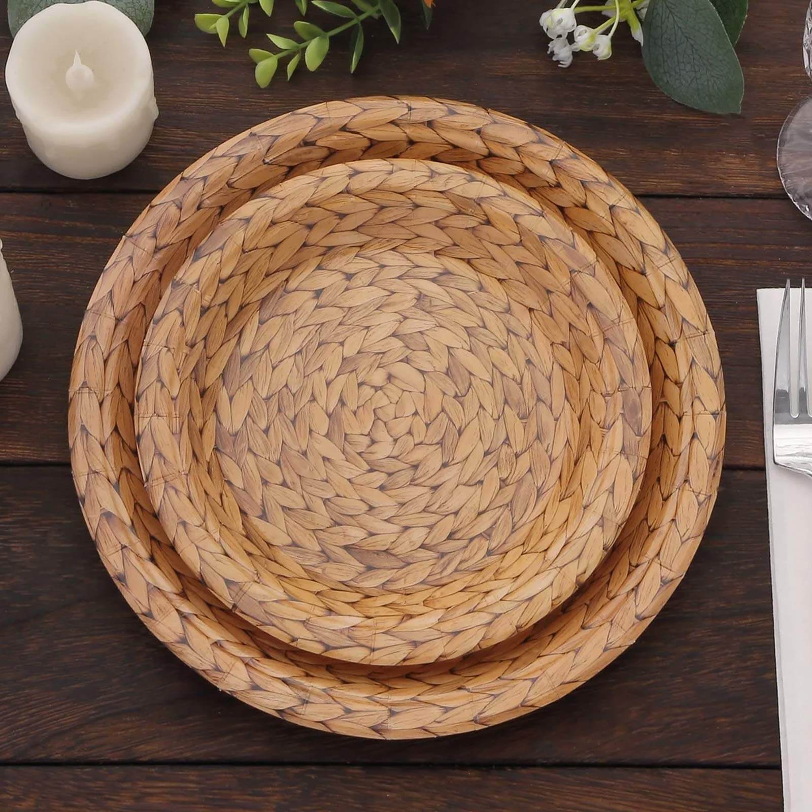 25-Pack 7" Natural Round Paper Dessert Plates with Woven Rattan Print - Premium Disposable Plates for Indoor/Outdoor Events
