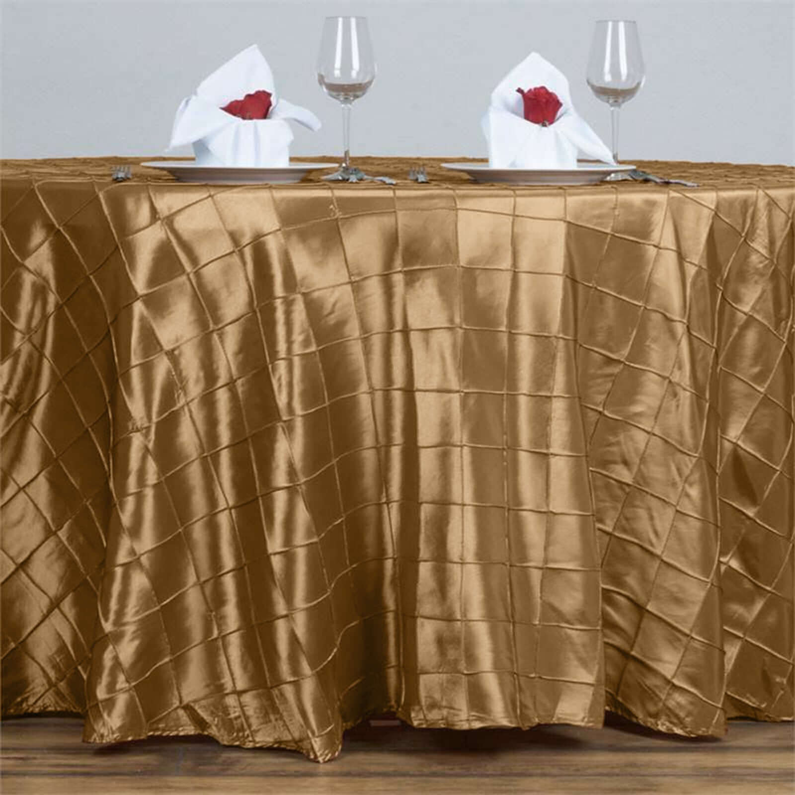 Gold Taffeta Pintuck 120-Inch Round Tablecloth for Elegant Upscale Events