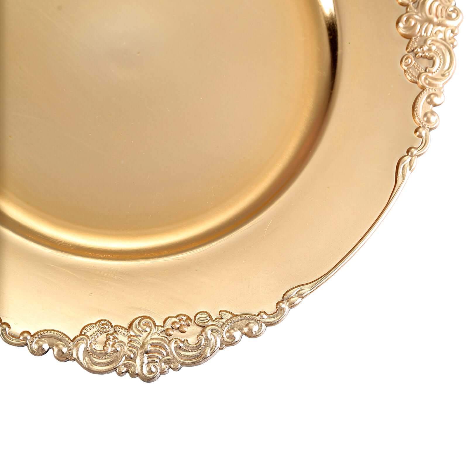 6-Pack 13-inch Gold Acrylic Round Charger Plates with Embossed Baroque Rim - Ideal for Dinner Parties