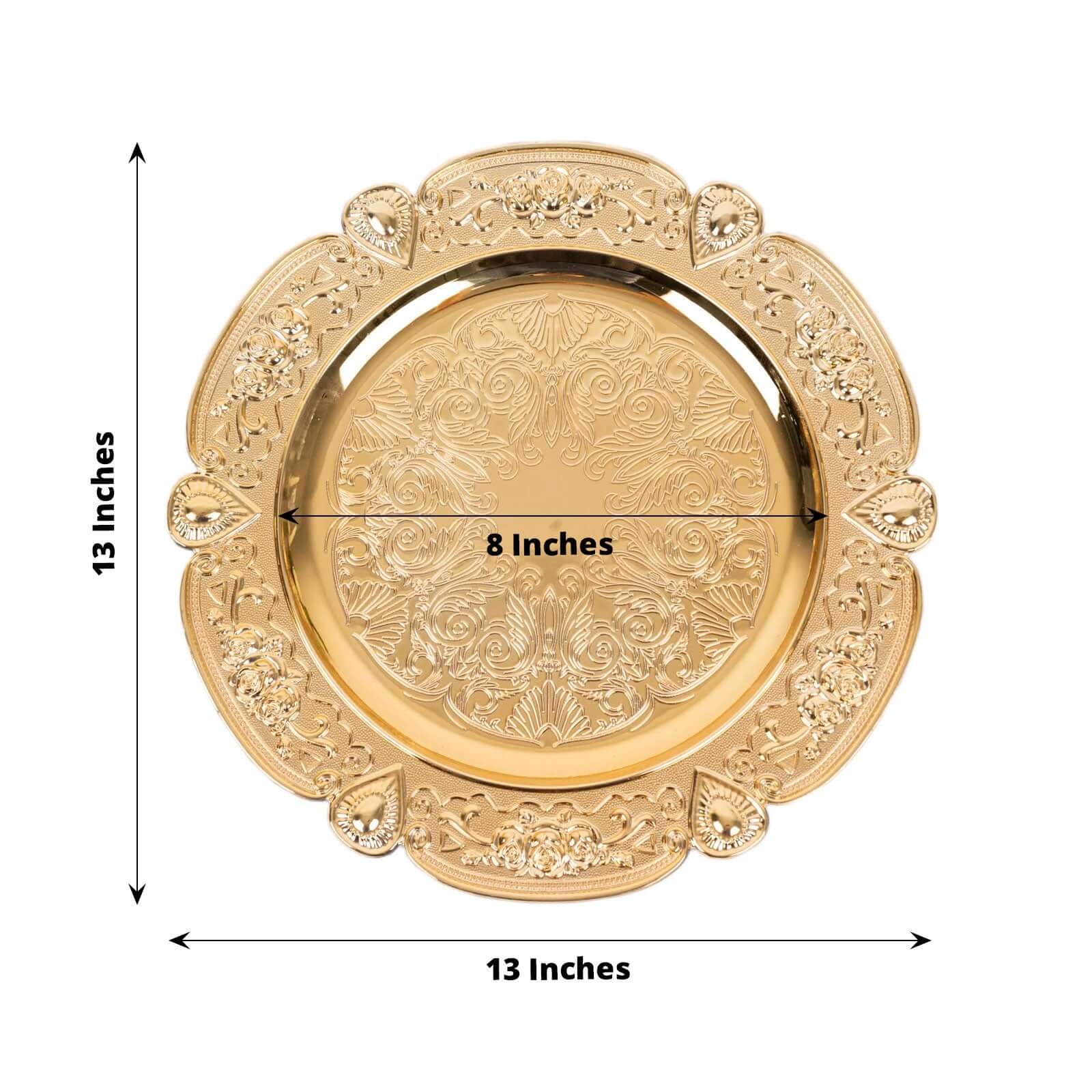 Hot Sale! 6-Pack 13-inch Gold Floral Embossed Acrylic Charger Plates with Scalloped Rim