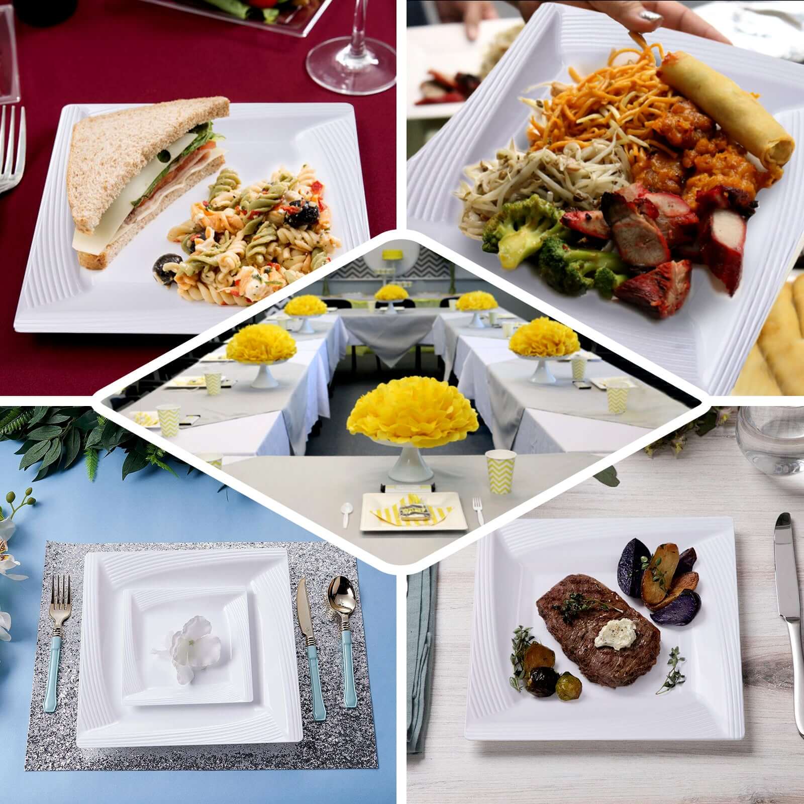 10-Pack White Disposable Plastic Square Dessert and Salad Plates with Geometric Ridge Trim for Stylish Events