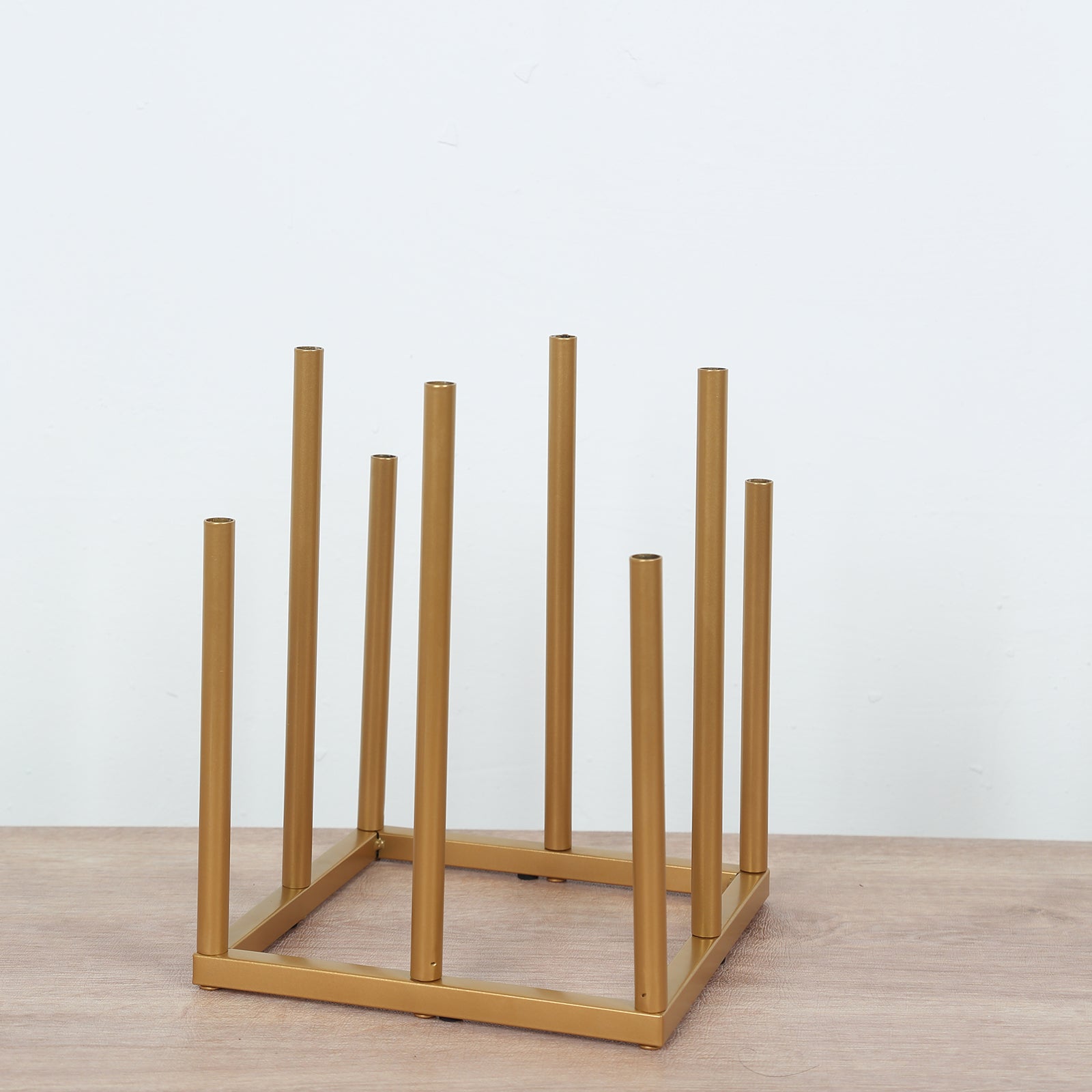 Single Stem Gold Metal Minimalist 8-Tube Flower Vase with Square Base, 10-Inch Tall