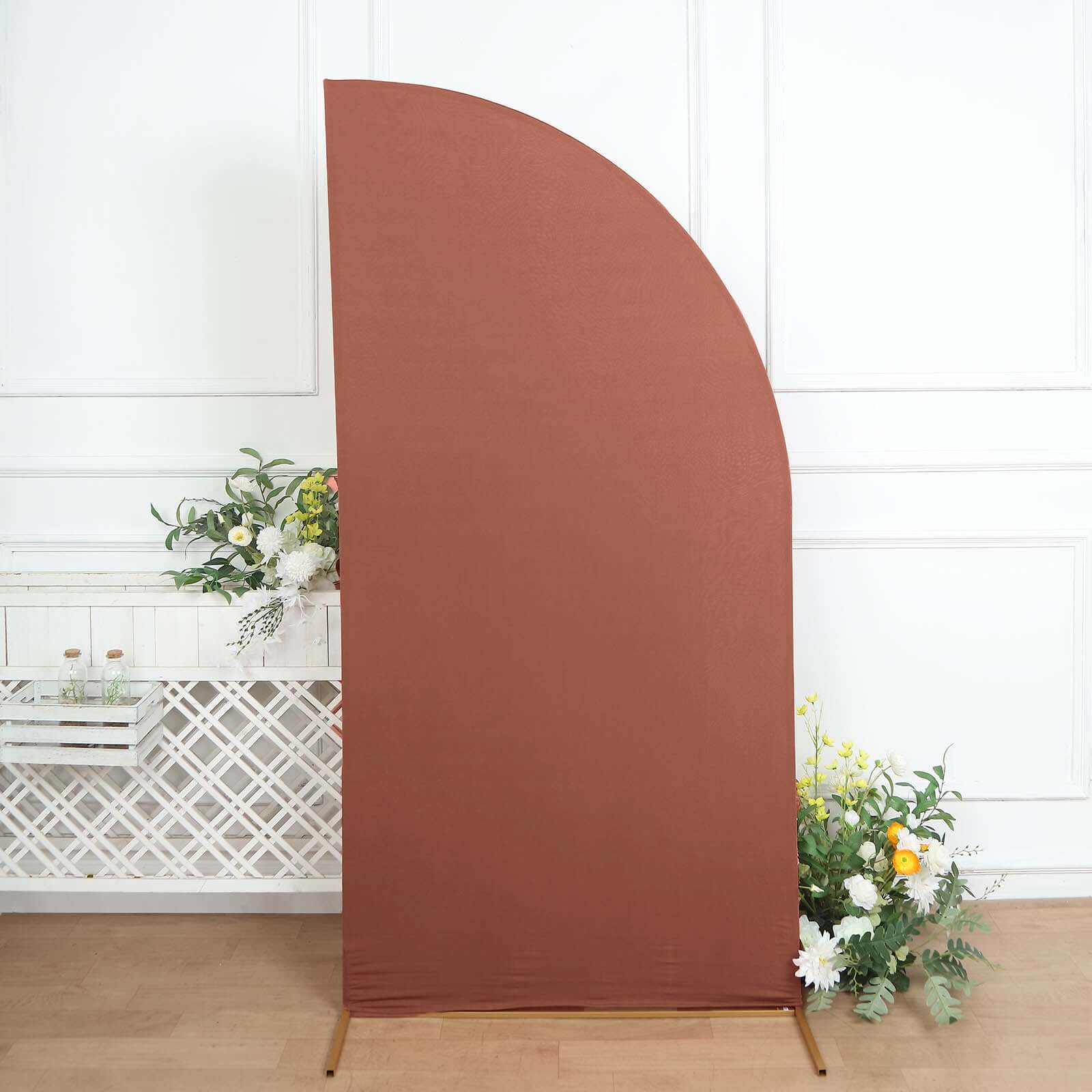 Hot Deal! 7ft Custom-Fitted Spandex Half Moon Chiara Matte Terracotta (Rust) Wedding Arch Backdrop Stand Cover