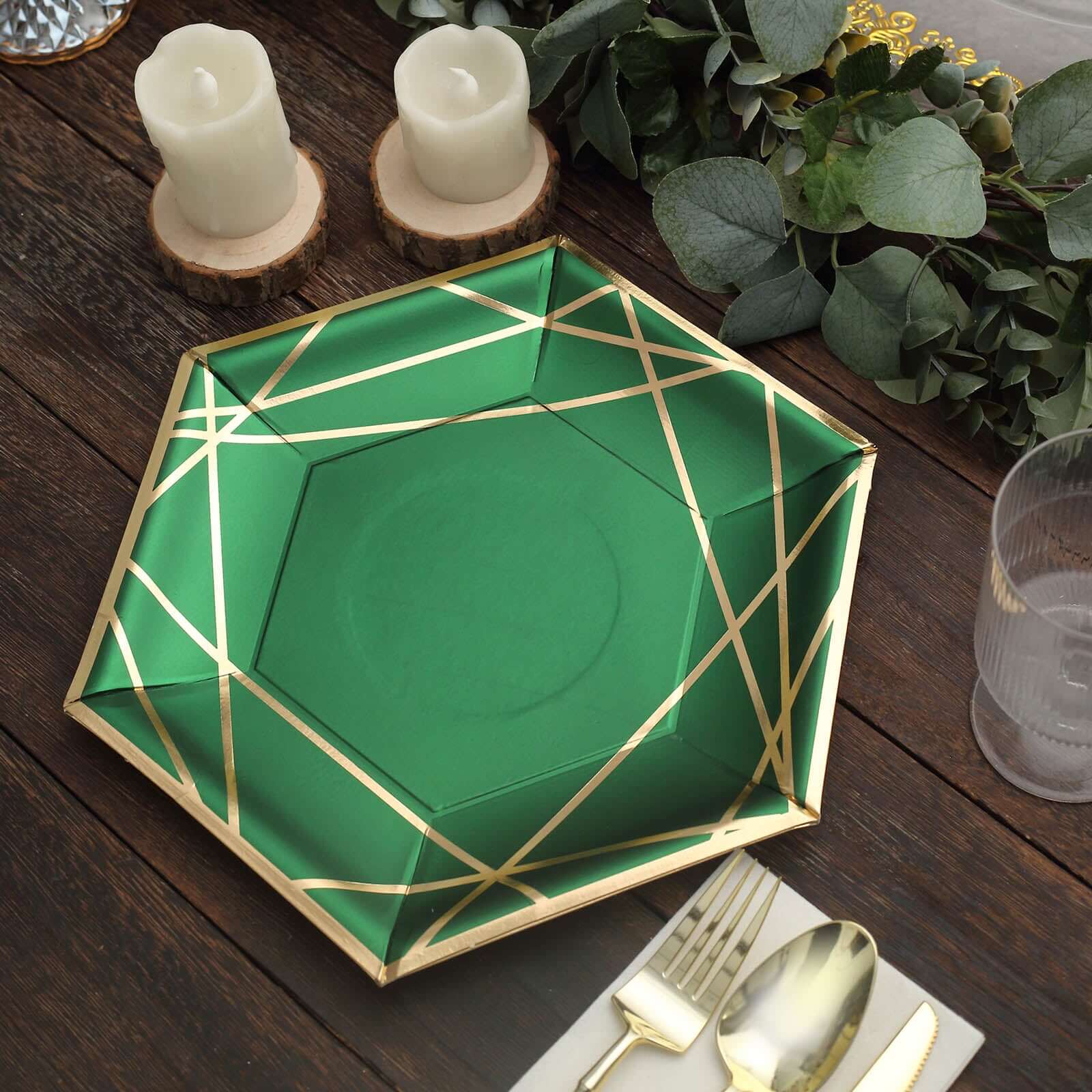 25-Piece Set of Hunter Emerald Green Paper Hexagon Dinner Plates with Gold Geometric Rim