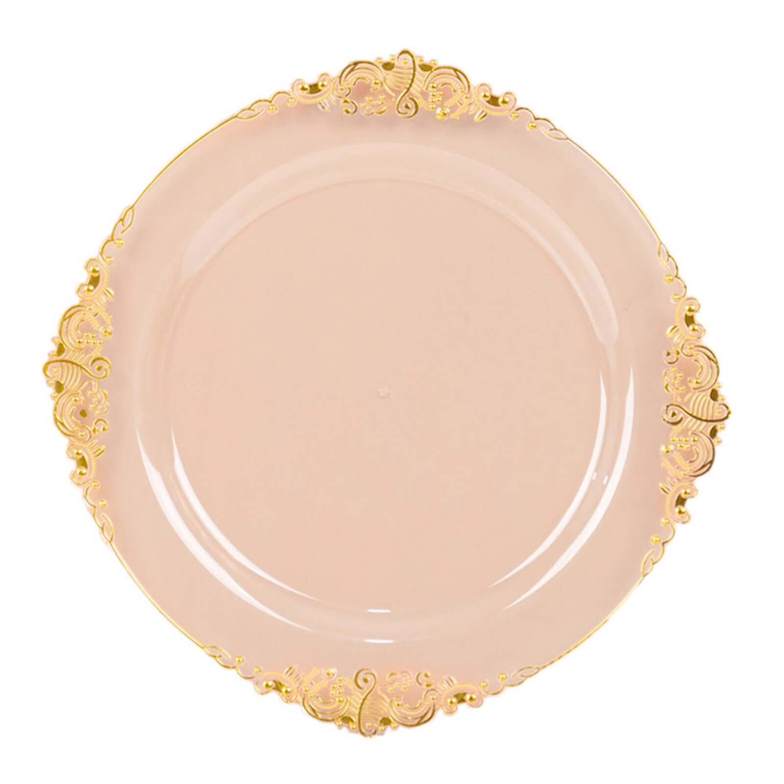 10-Pack Disposable 8" Transparent Blush Plastic Dessert Plates with Gold Leaf Embossed Rim - Vintage Baroque Style