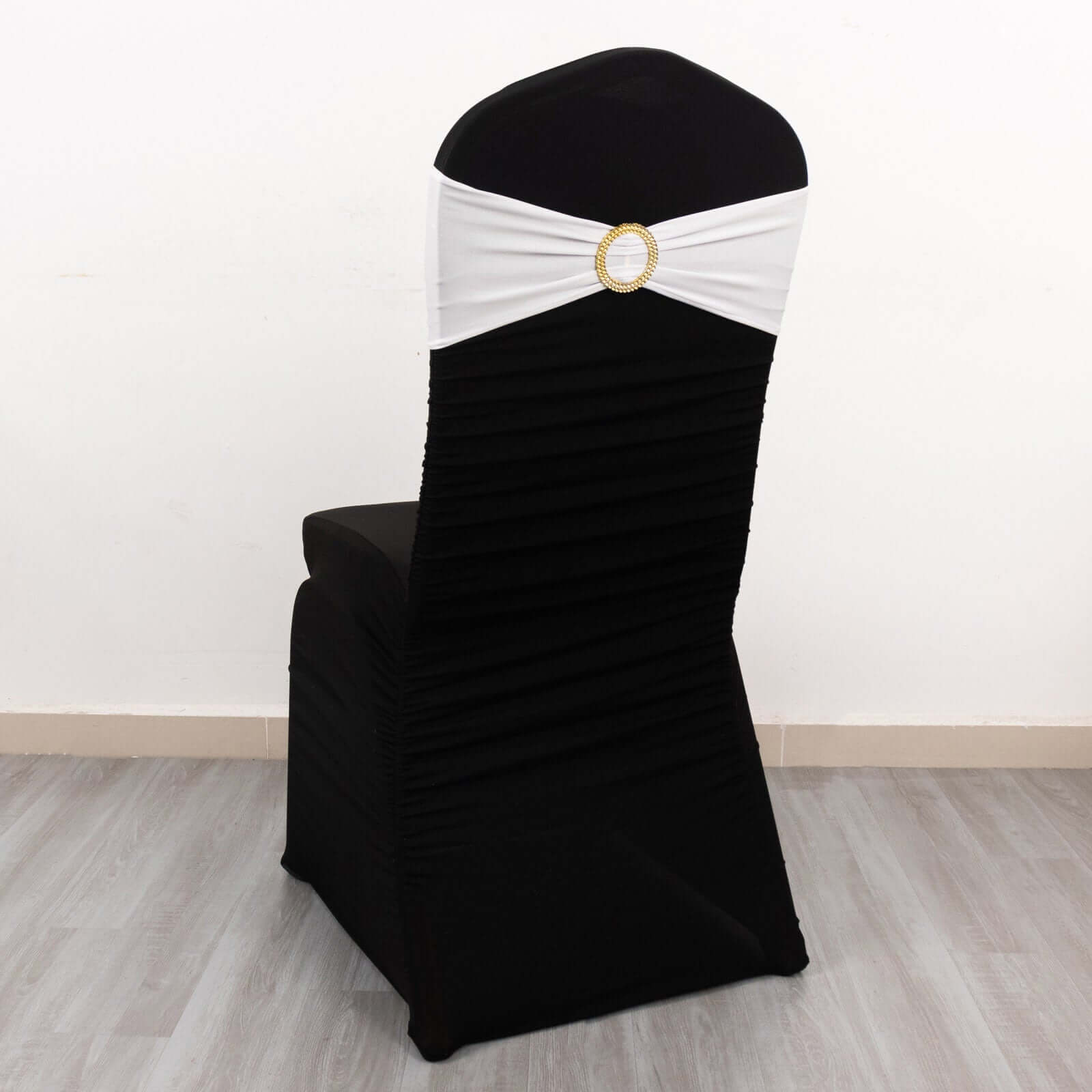 5-Piece Reusable White Spandex Chair Sashes with Gold Rhinestone Plastic Buckles for Weddings and Parties