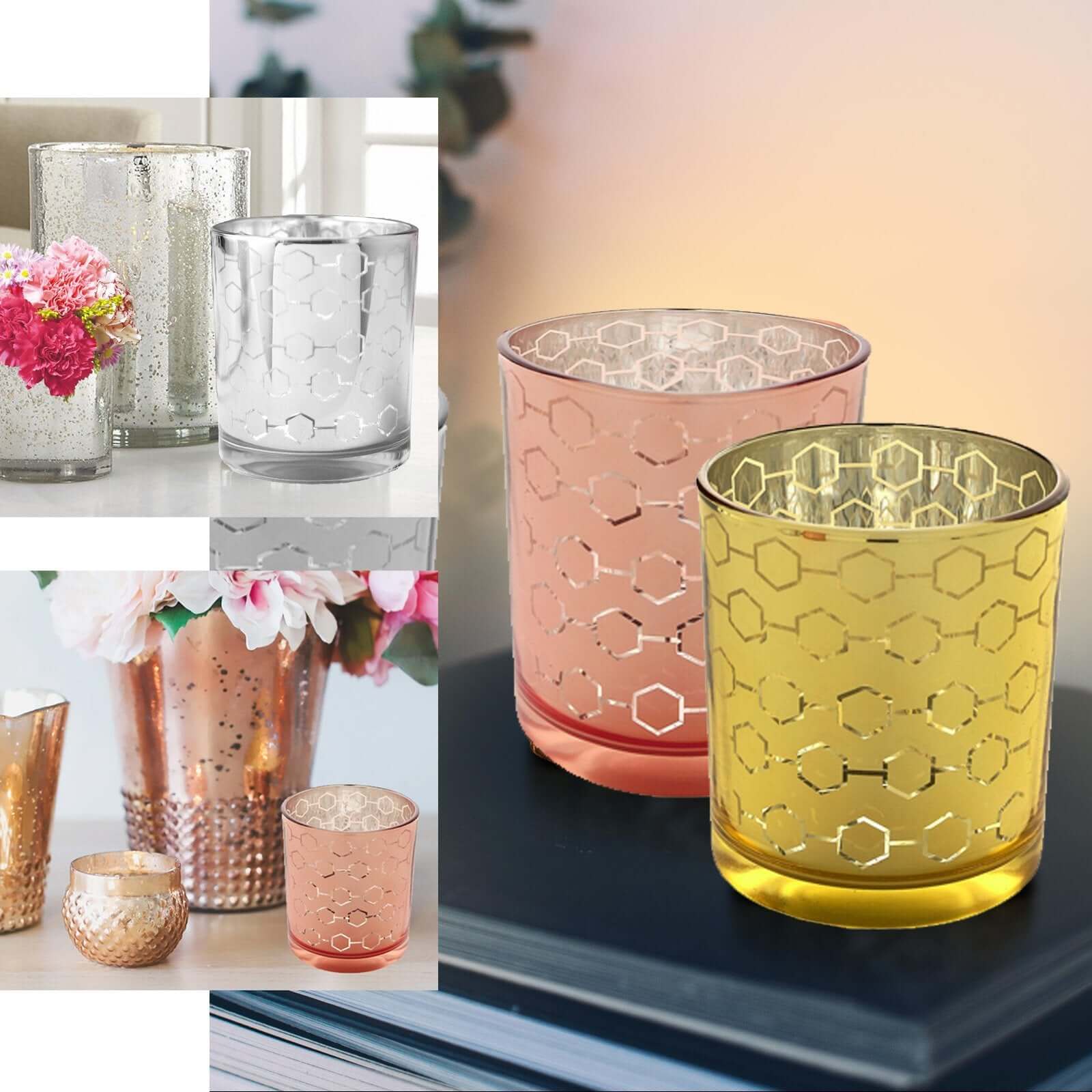 Hot Sale! 6-Piece Set of Gold Mercury Glass Votive Candle Holders with Honeycomb Design
