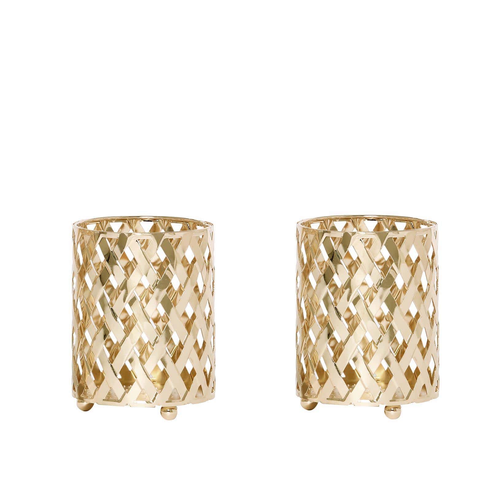 2-Piece Gold Metal Votive Candle Holders with Diamond Cut Geometric Design for Home and Events