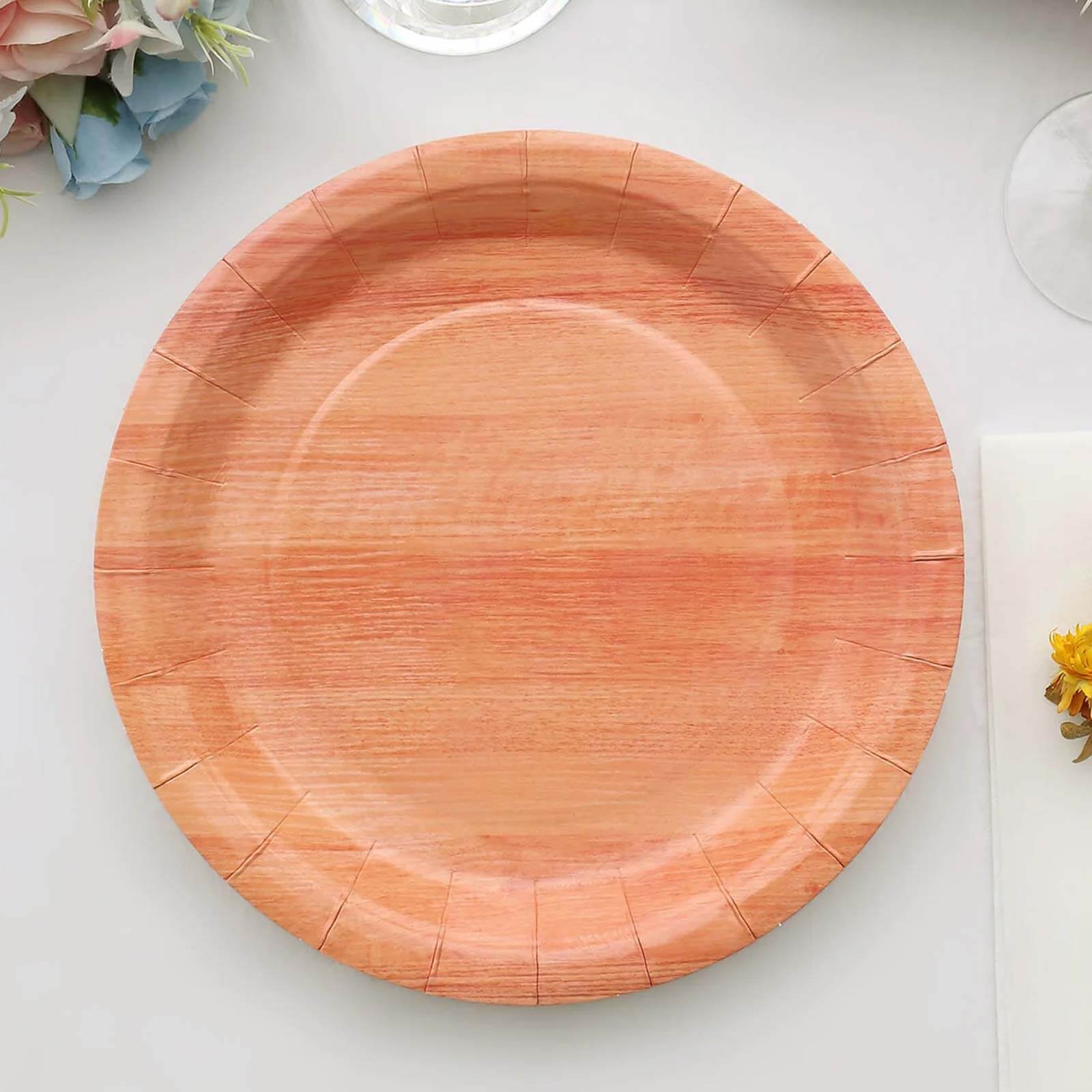 25-Pack Disposable 10-Inch Round Paper Dinner Plates with Natural Wood Grain Print