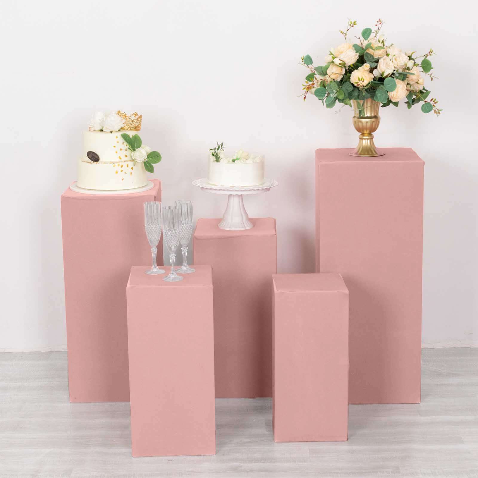 Set of 5 Stretchable Dusty Rose Spandex Rectangle Pedestal Stand Covers, 160 GSM