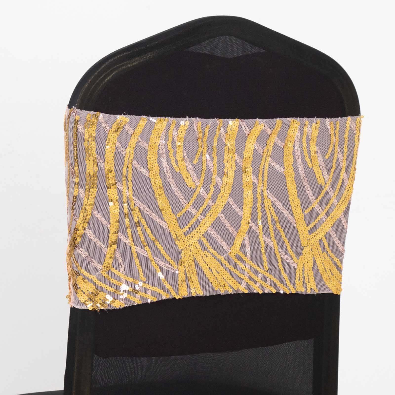 5-Pack Rose Gold/Gold Chair Sash Bands with Wave Embroidered Sequins - Sparkly Deal
