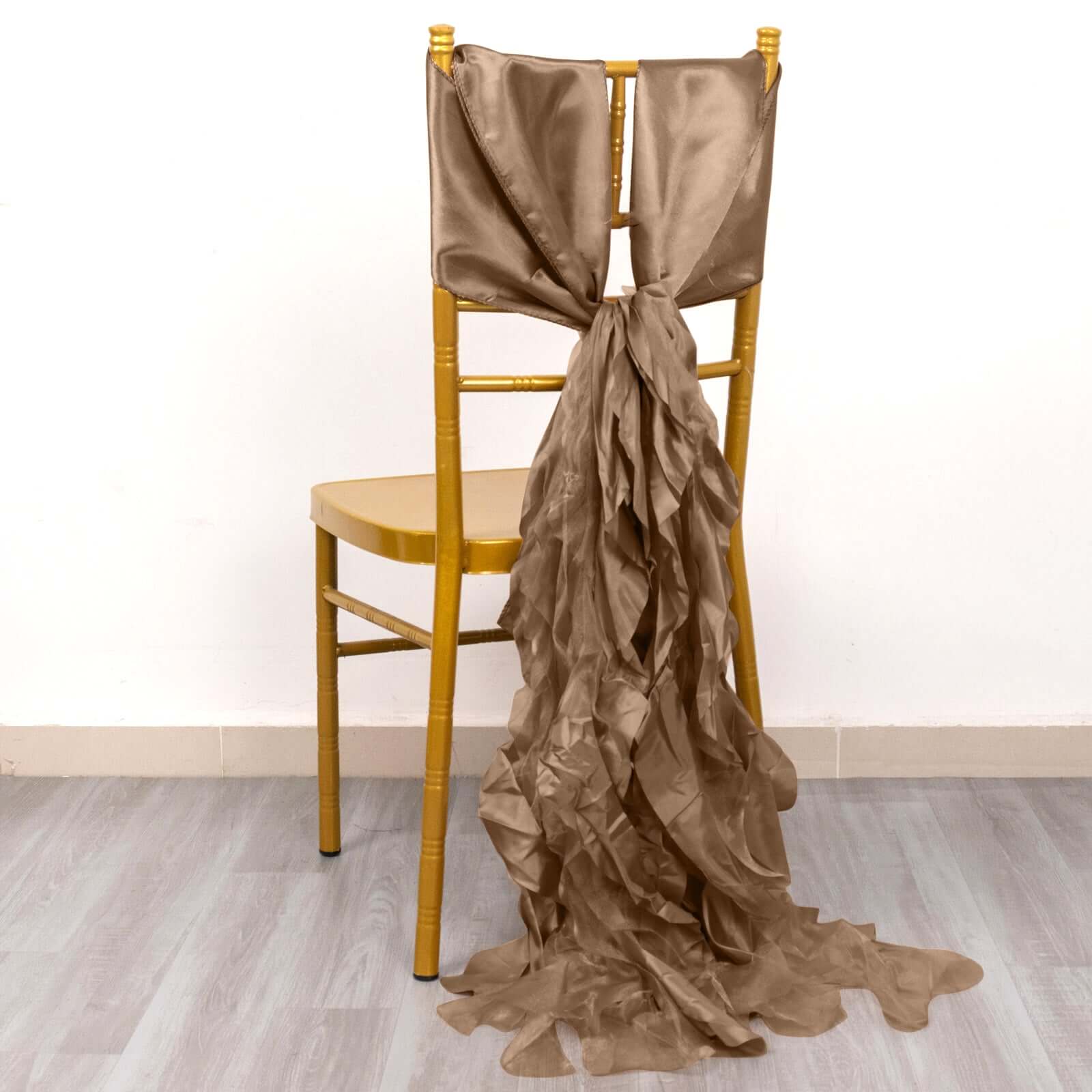 5-Piece Taupe Chiffon Satin Curly Willow Chair Sashes - Effortless Installation