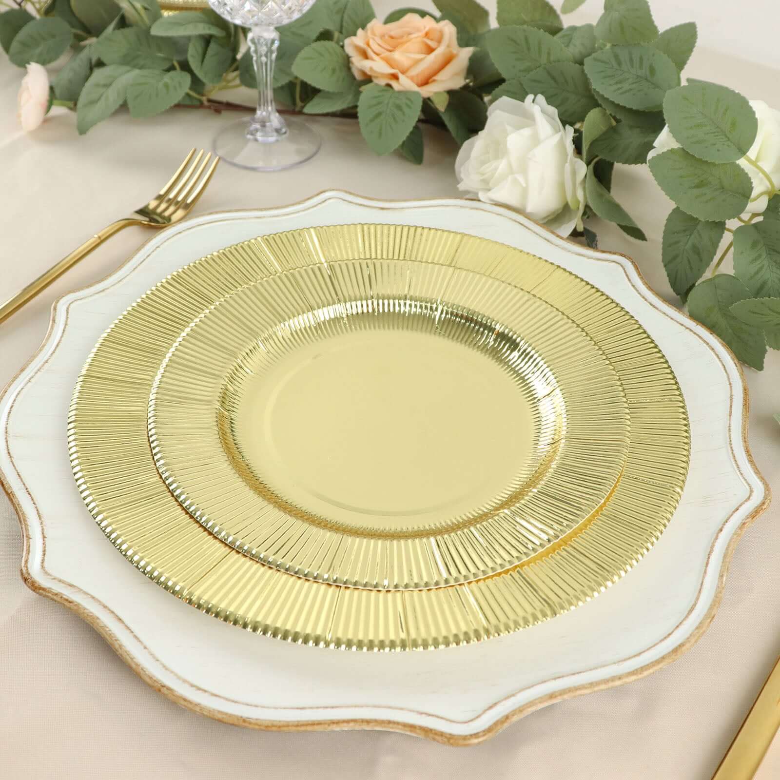 25-Piece Set of Disposable 8-Inch Round Metallic Gold Sunray Design Paper Dessert Plates - Heavy Duty 350GSM