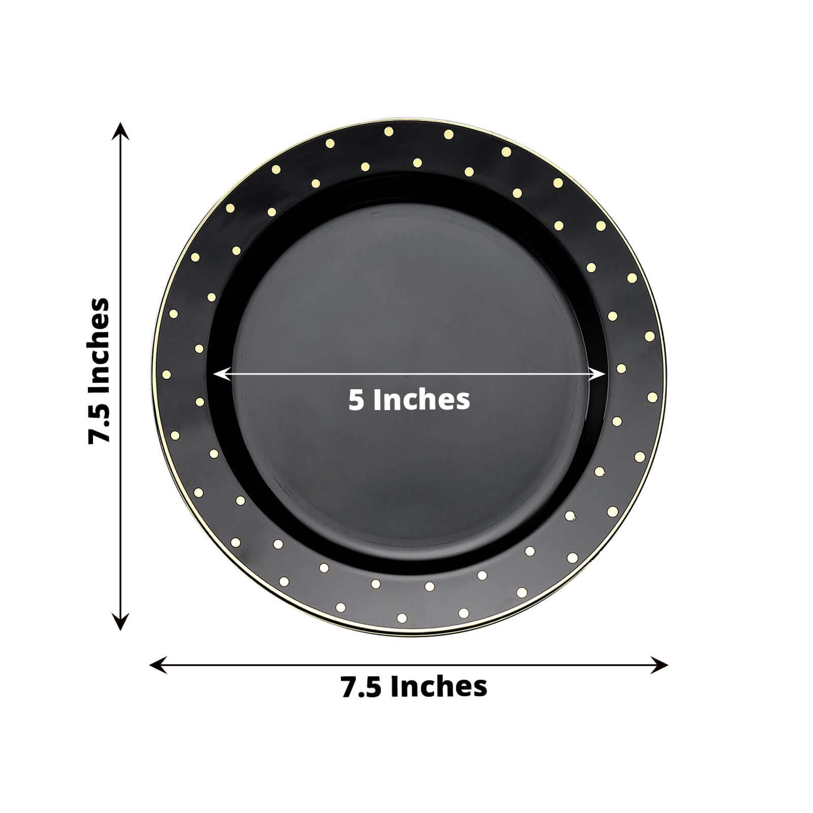 10-Piece Set of 7.5-Inch Black Plastic Dessert Plates with Gold Dot Rim, Disposable Salad Plates