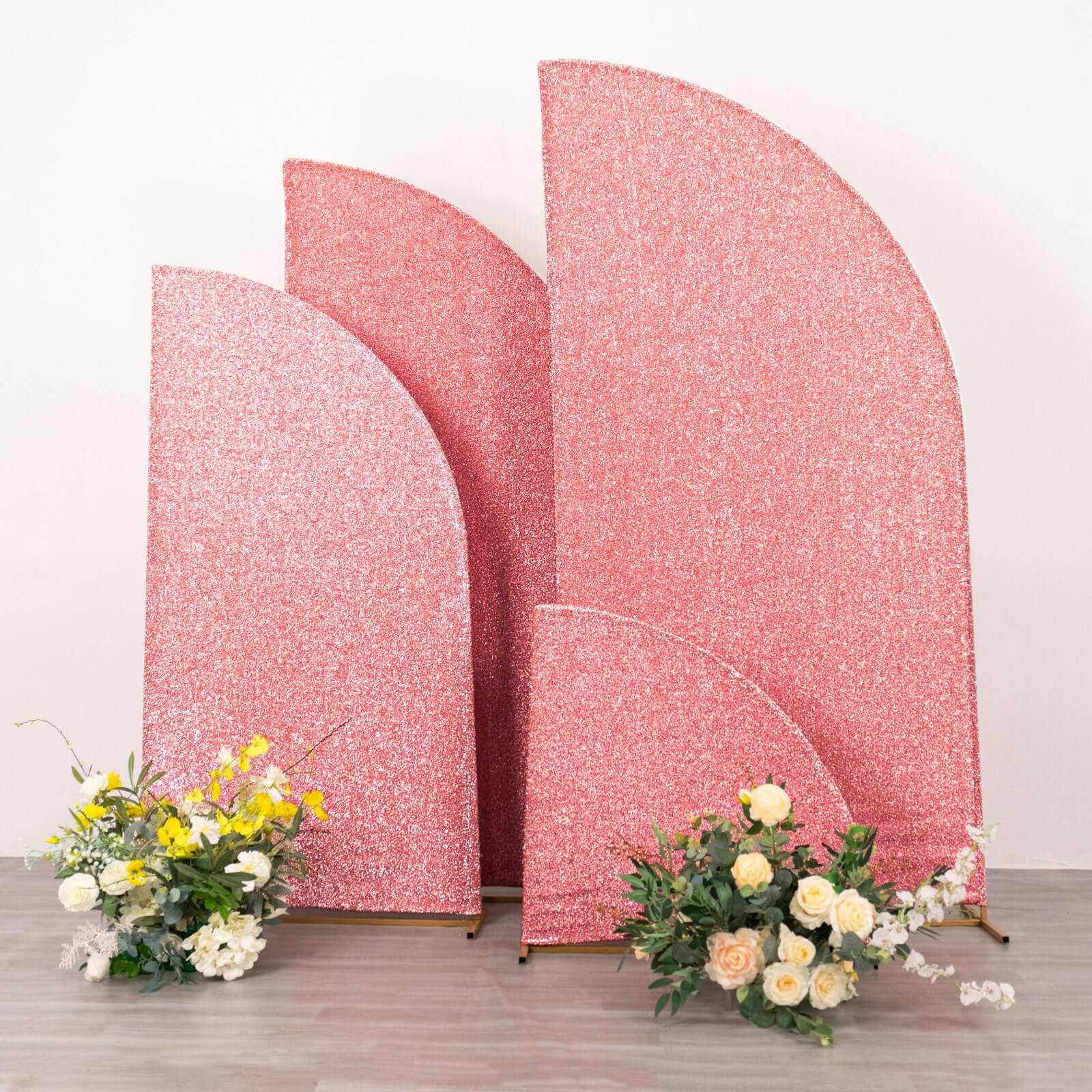 4-Piece Rose Gold Chiara Wedding Arch Covers in Shimmer Tinsel, for 2.5ft - 7ft Half Moon Stands