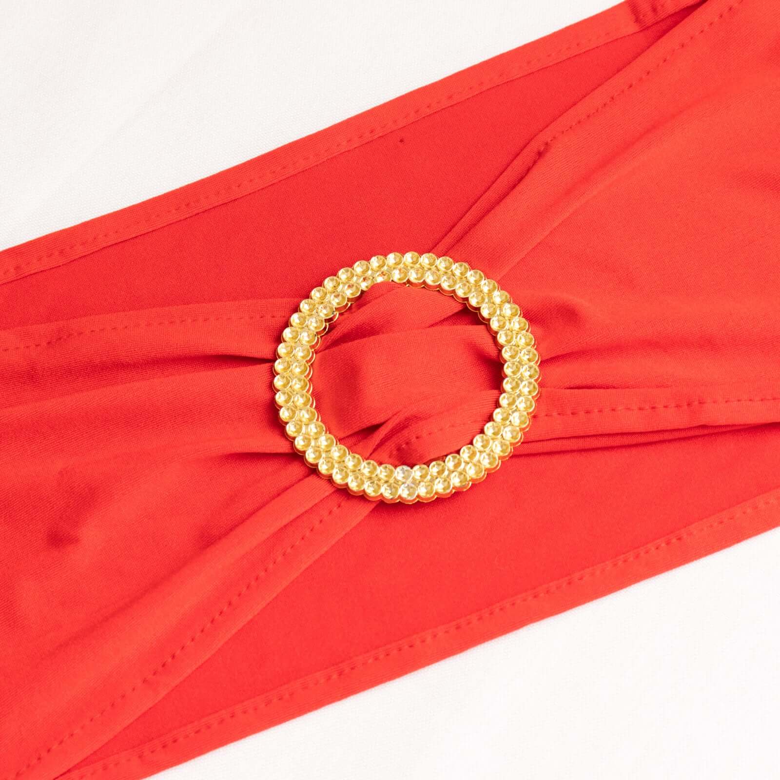 Set of 5 Reusable Red Spandex Chair Sashes with Gold Rhinestone Plastic Buckles, 5x14