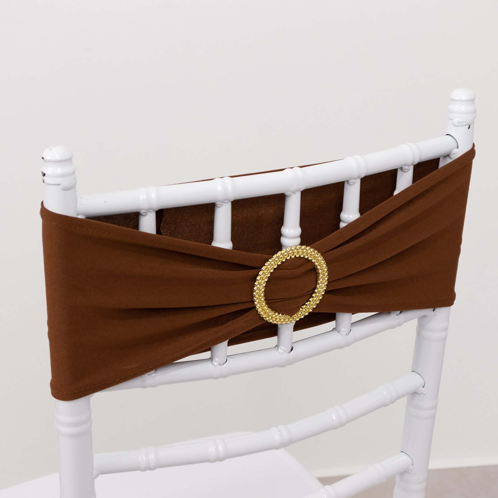 Hot Sale! 5-Piece Set of Reusable Cinnamon Brown Spandex Chair Sashes with Gold Rhinestone Buckles, 5x14