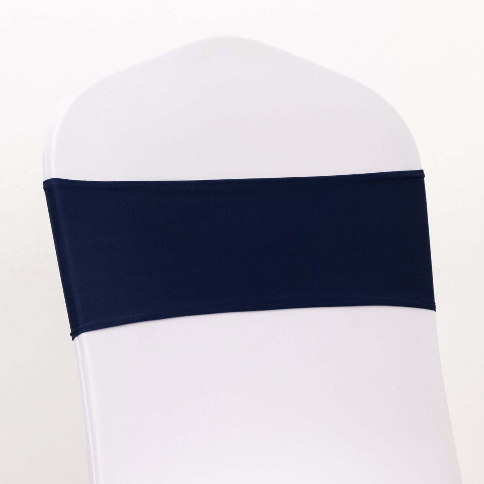 5-Piece Set of Navy Blue Spandex Chair Sashes with Gold Rhinestone Buckles - Reusable 4-Way Stretch Bands