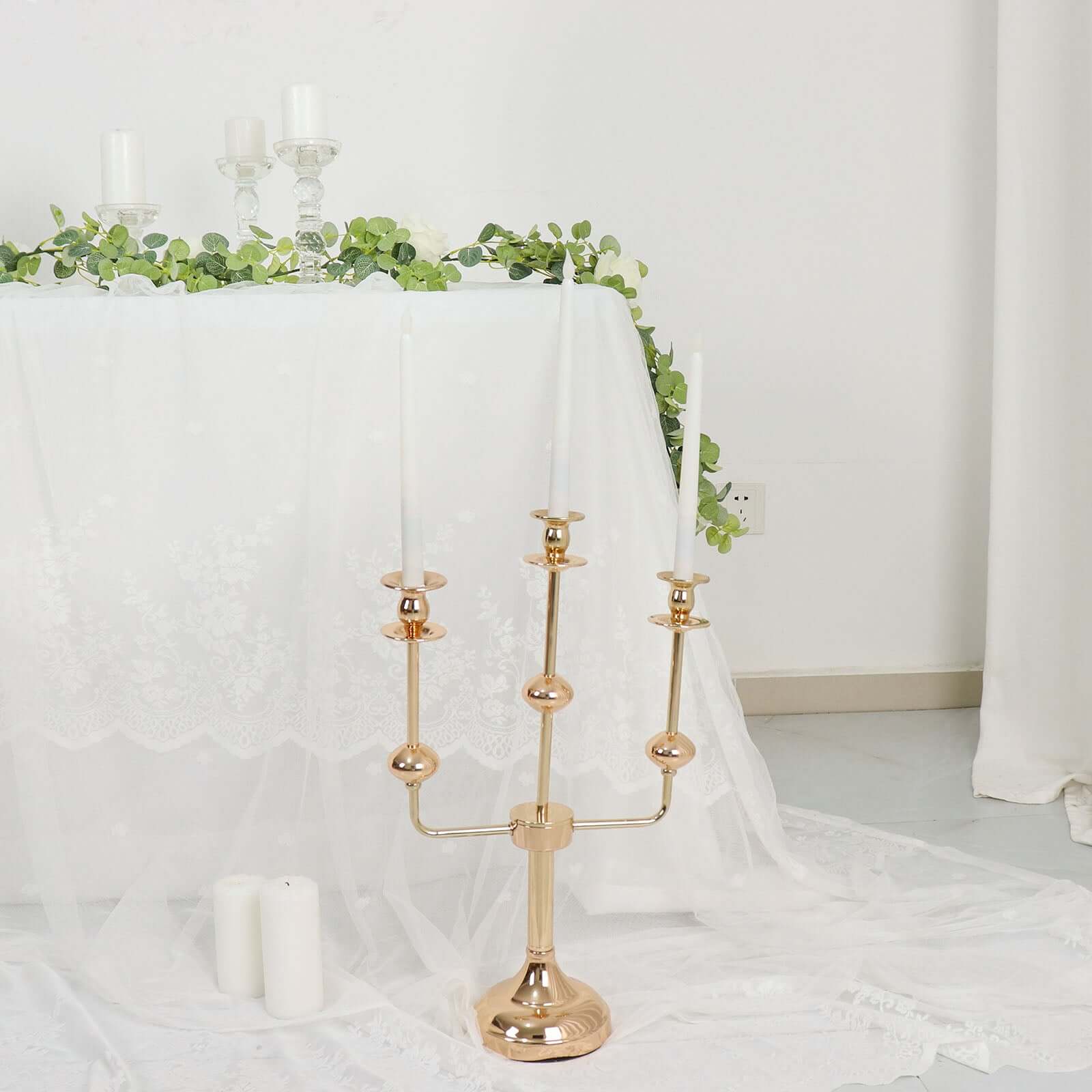 Gold Metal 3-Arm Taper Candelabra Candle Holder Stand - Ideal Wedding Centerpiece