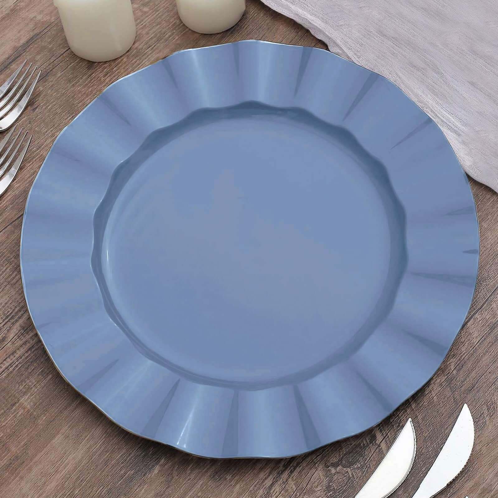 10-Piece Set of Sturdy Disposable Ocean Blue Round Dinner Plates with Gold-Rimmed Ruffled Edges