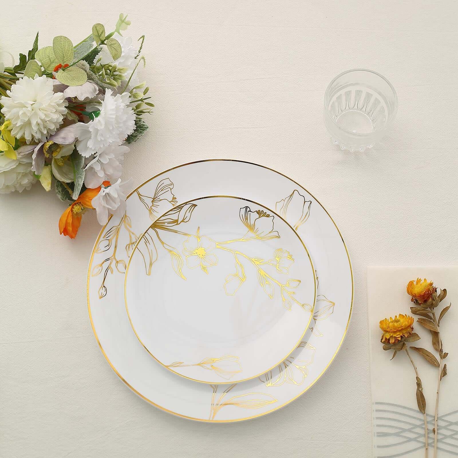 Hot Deal! Set of 20 Disposable Plastic Dinner and Dessert Plates in White with Gold Floral Design for Special Occasions