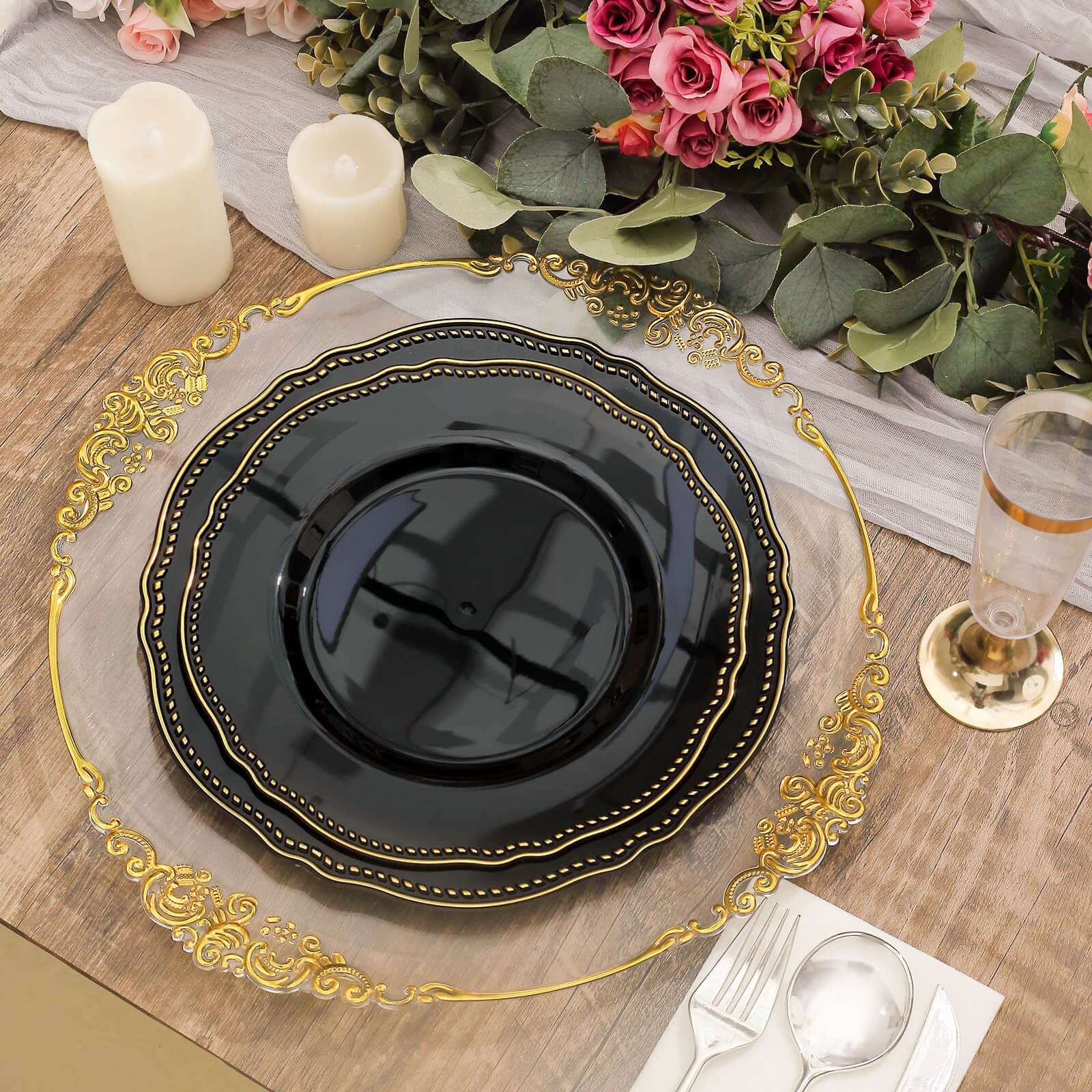 10-Piece Set of Disposable Black Plastic Dinner Plates with Gold Scalloped Rim, 9 Inches for Upscale Events