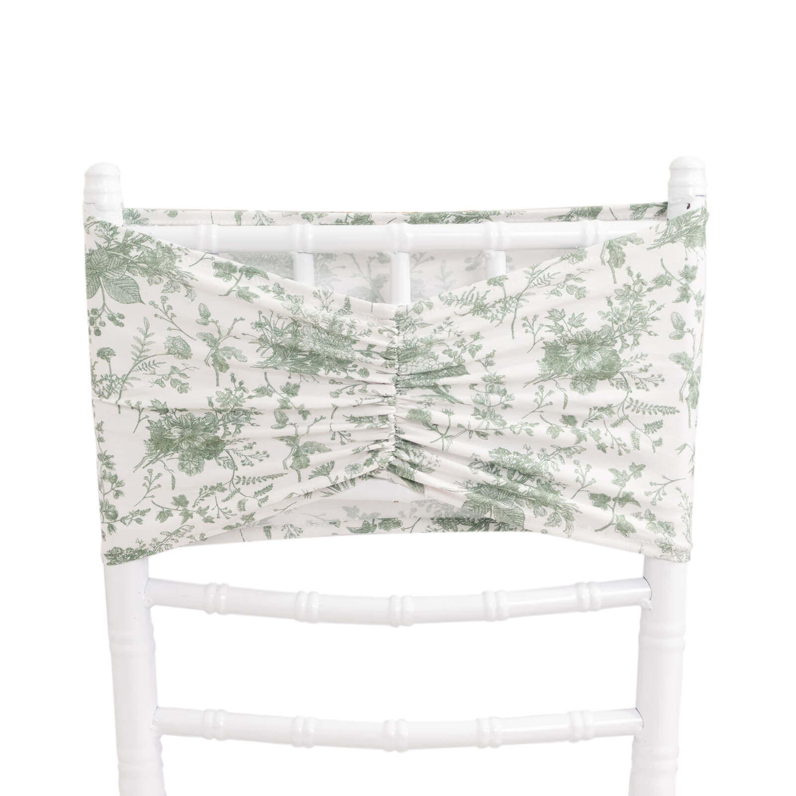 Hot Deal! 5-Pack Wrinkle-Free Spandex Chair Sashes in White and Dusty Sage Green with French Toile Floral Pattern