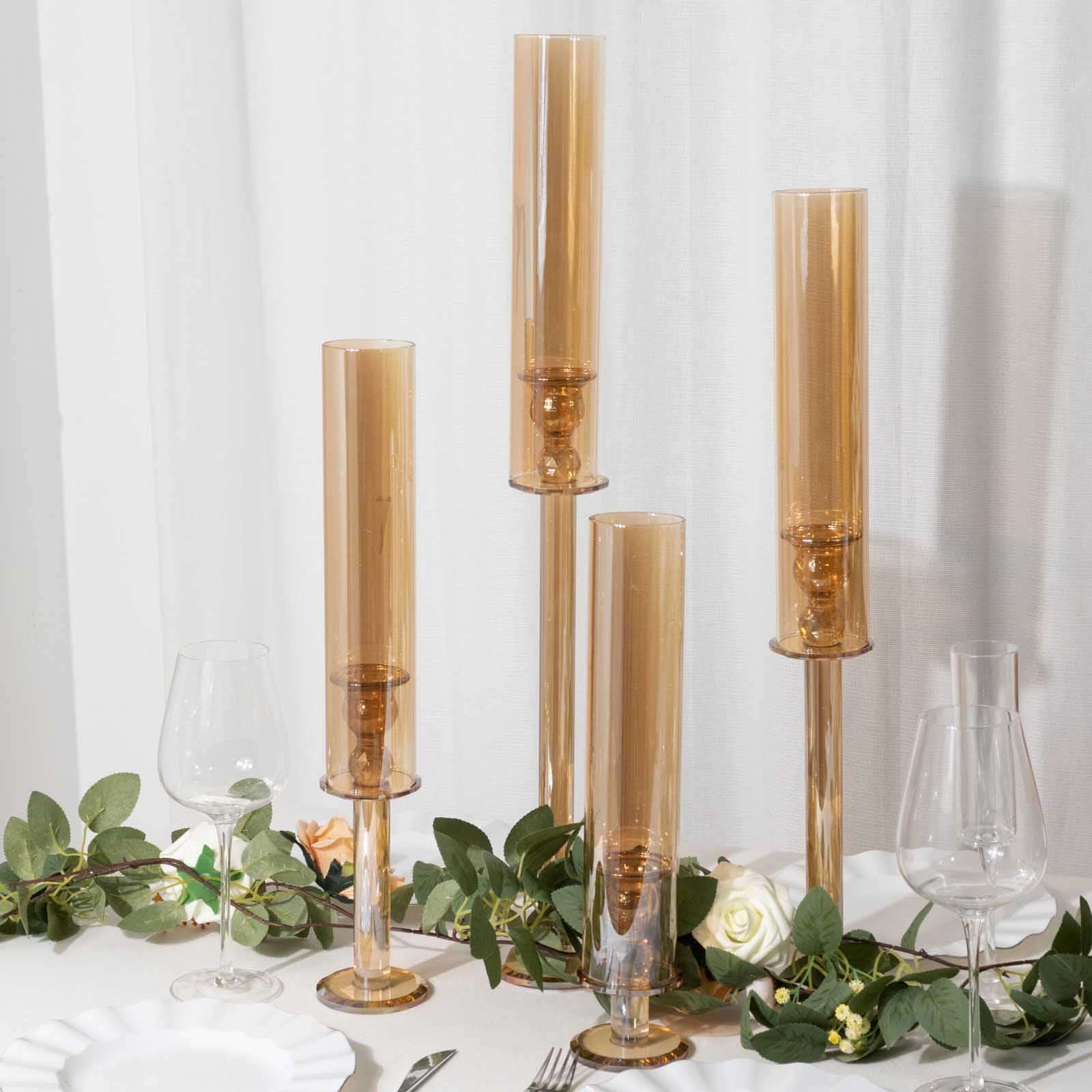 4-Piece Set of Gold Crystal Glass Hurricane Taper Candle Holders - Assorted Sizes