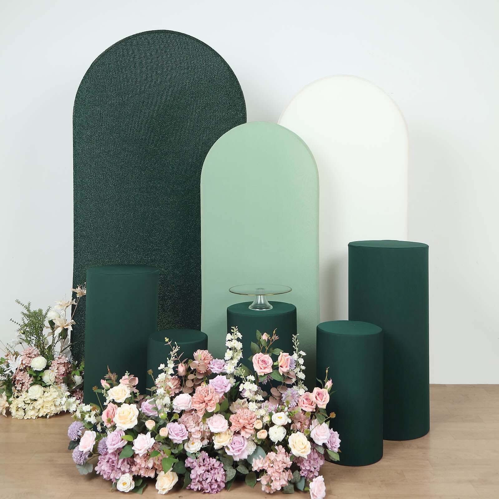 Hot Deal! Set of 5 Stretchable Hunter Emerald Green Spandex Cylinder Pedestal Stand Covers, 160 GSM