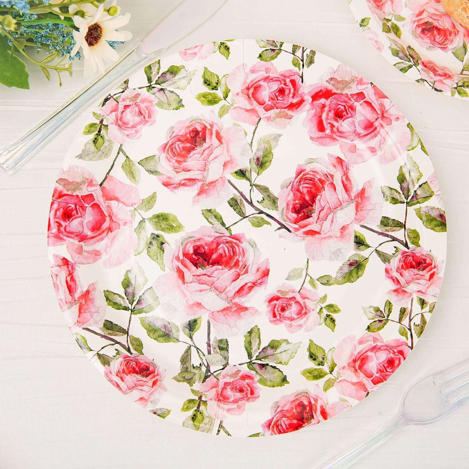 Get 25 Pack of Premium Dinner Paper Plates with Rose Flower Bouquet Design - 9