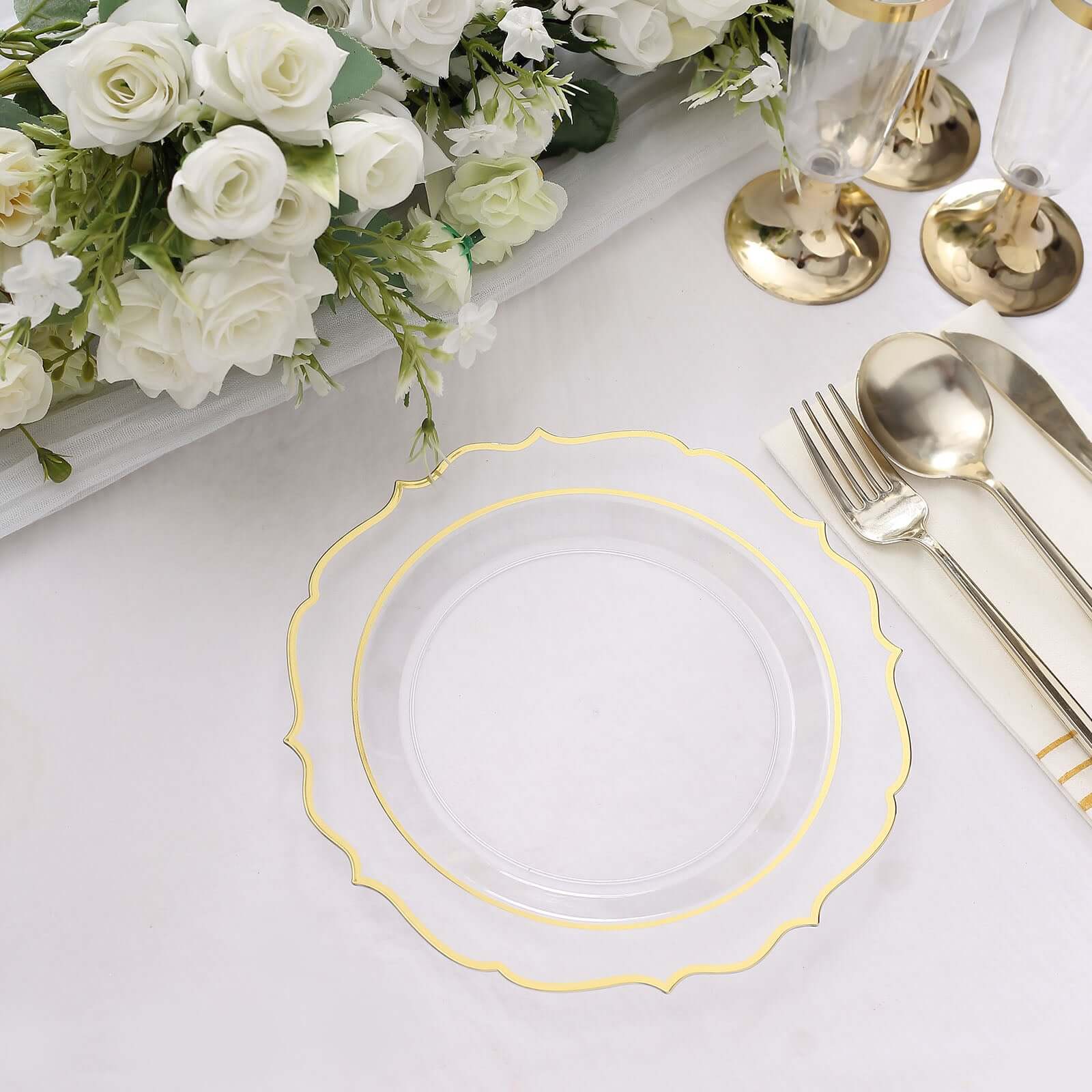 10-Piece Set of Clear Plastic 8-Inch Round Desert Plates with Gold Scalloped Rims - Disposable Appetizer/Salad Plates