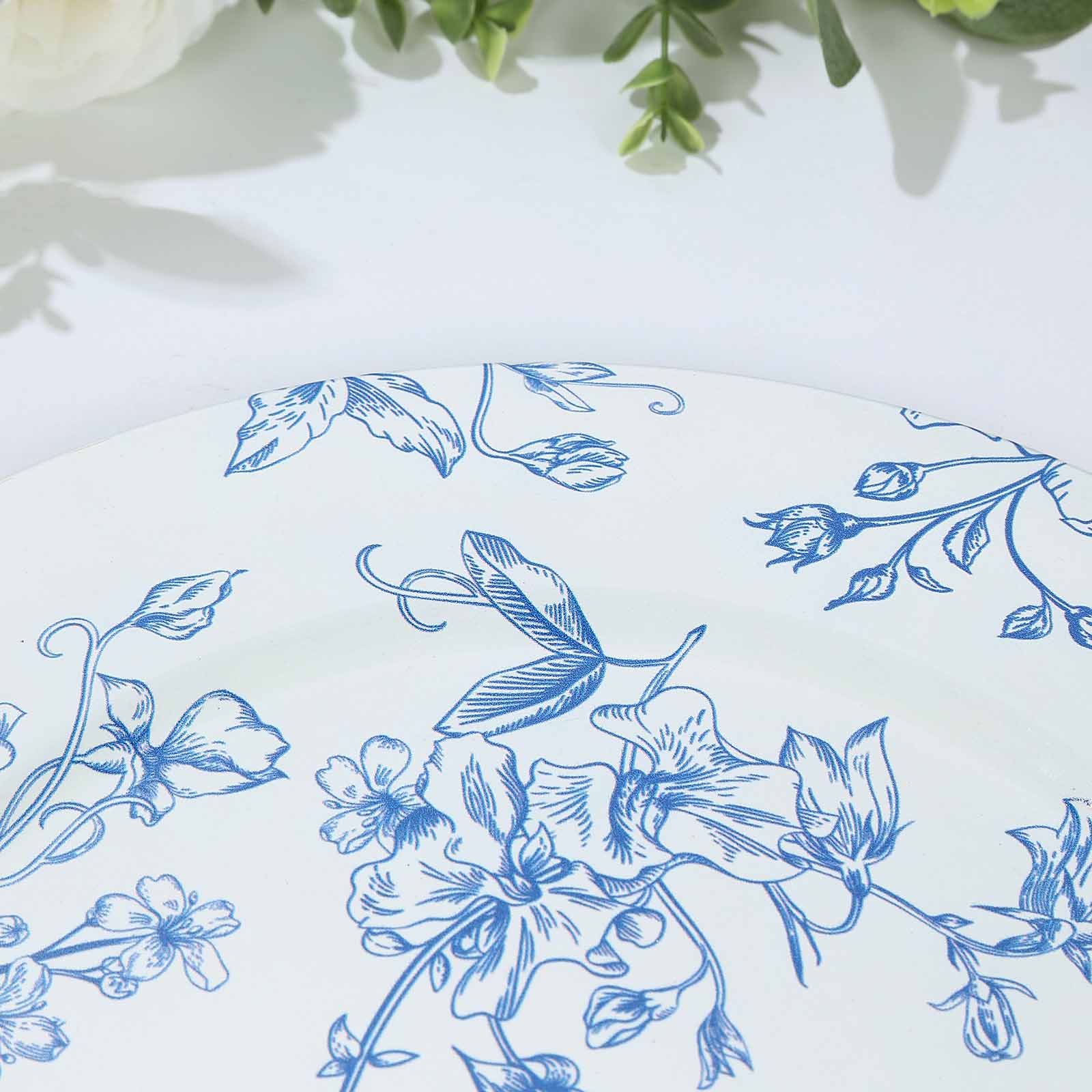 6-Piece Set of White Acrylic Round Charger Plates with Light Blue Floral French Toile Design - Ideal for Dinner Parties