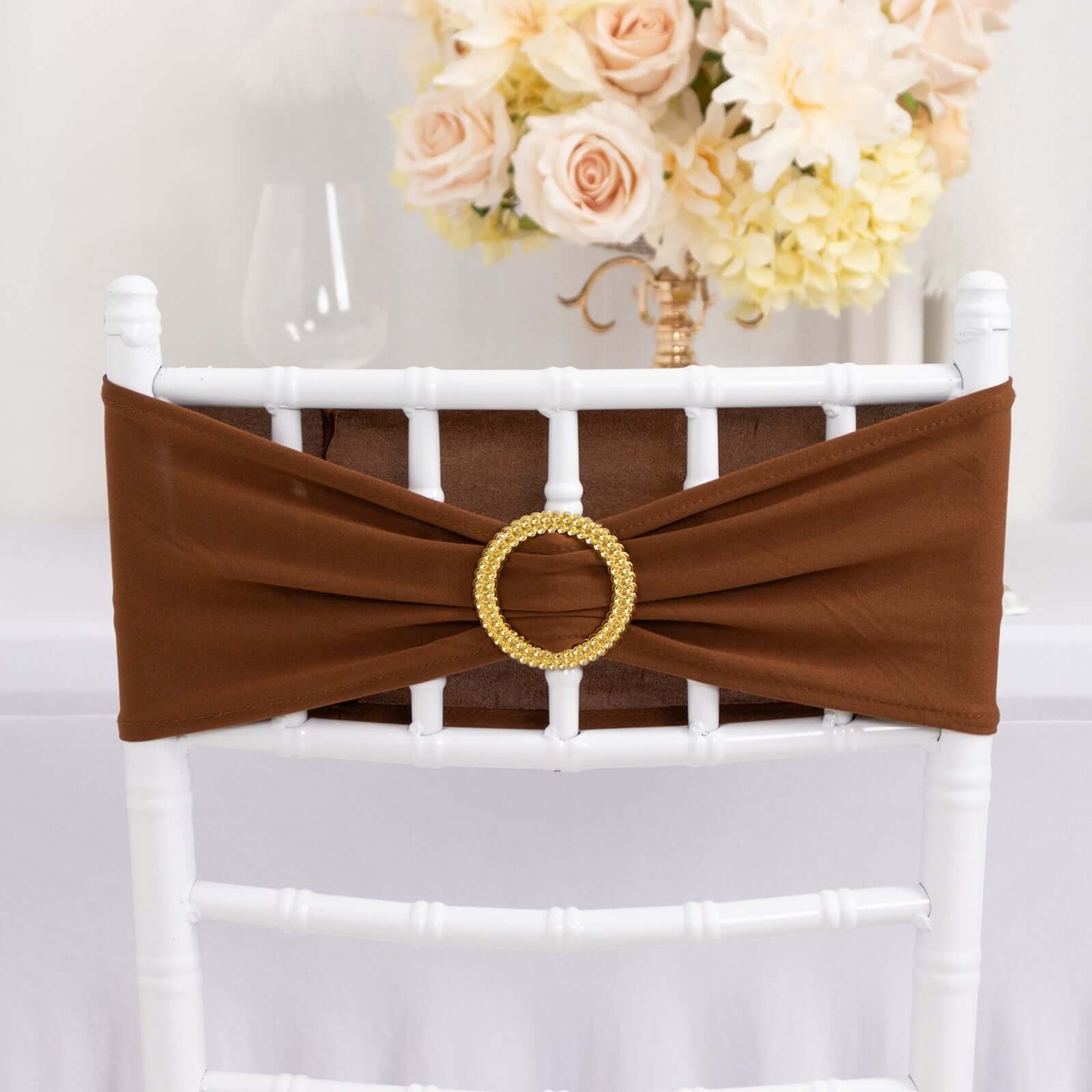 Hot Sale! 5-Piece Set of Reusable Cinnamon Brown Spandex Chair Sashes with Gold Rhinestone Buckles, 5x14