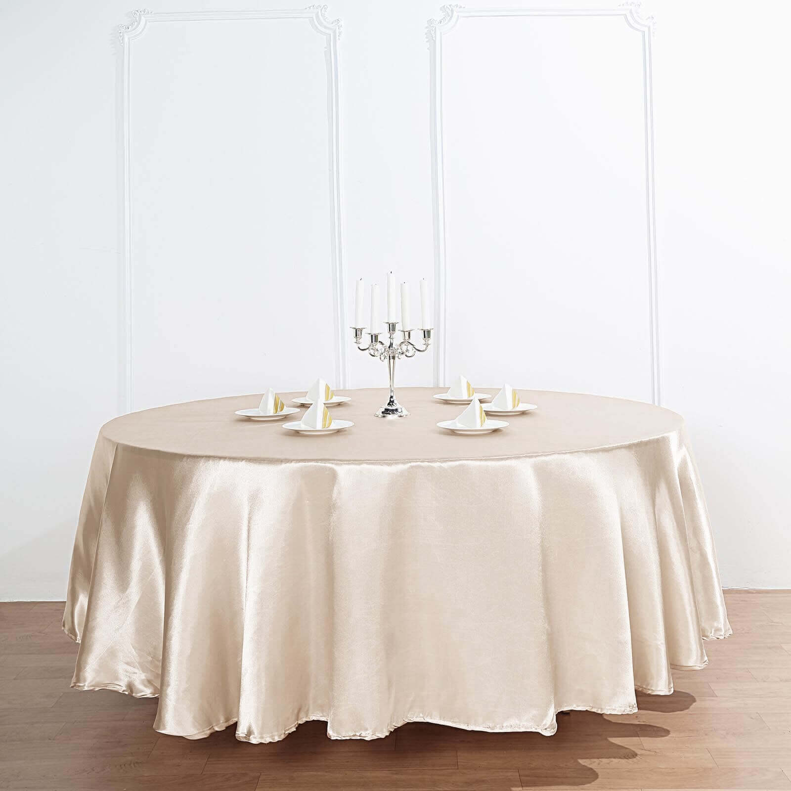 Beige Satin 90-Inch Round Tablecloth - Smooth, Lustrous & Resistant