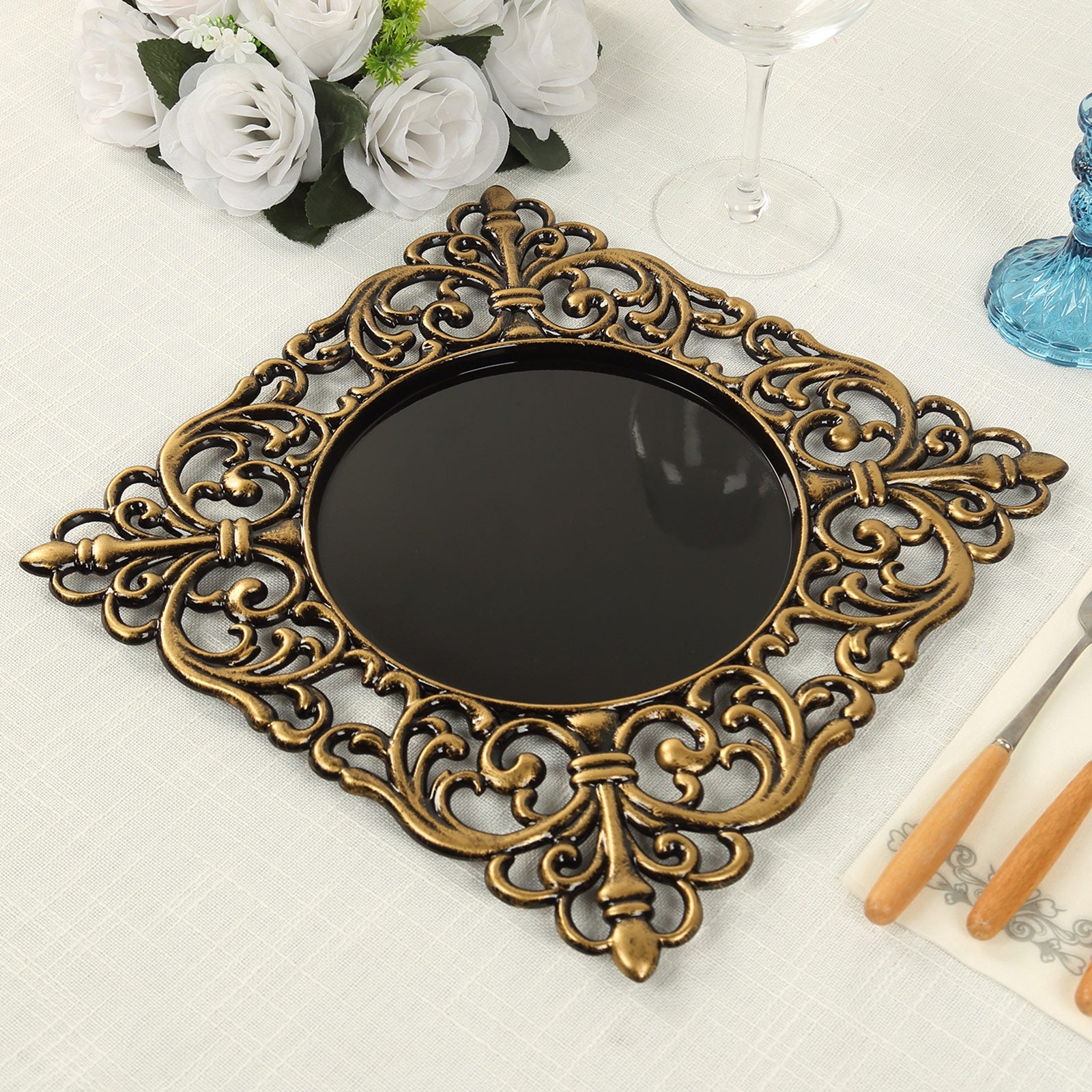 Hot Sale! 6-Pack 12-Inch Black Acrylic Square Charger Plates with Antique Gold Hollow Lace Border for Event Decor