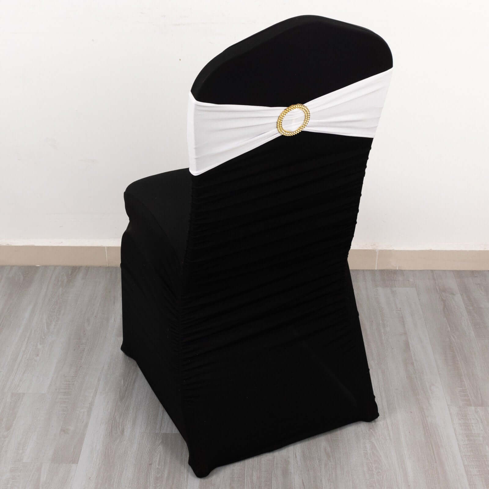 5-Piece Reusable White Spandex Chair Sashes with Gold Rhinestone Plastic Buckles for Weddings and Parties