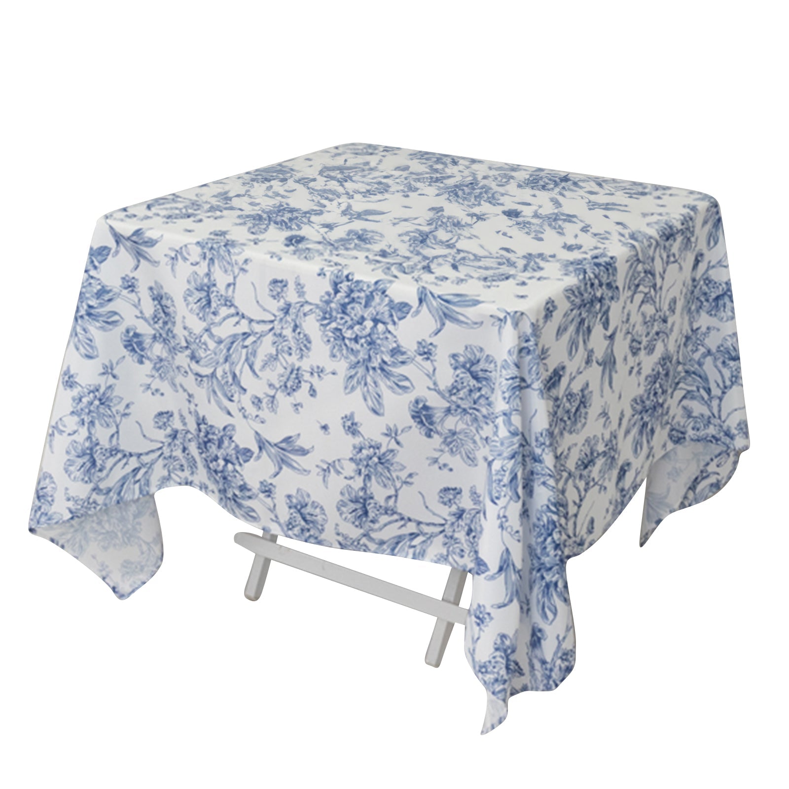 Get This Elegant 70x70 Polyester Square Tablecloth in White - Blue French Toile Pattern for Fancy Settings