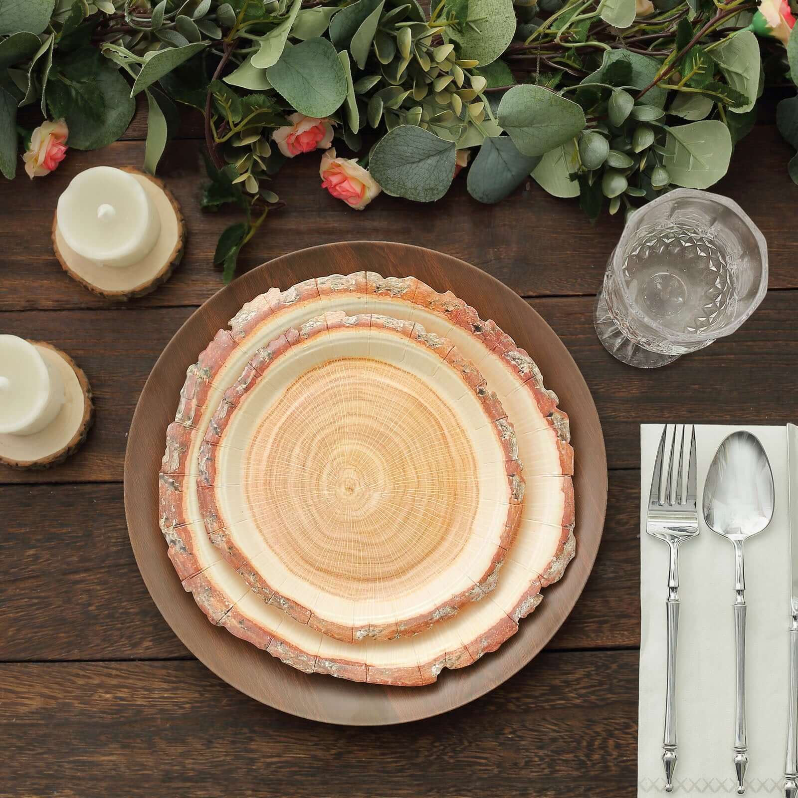 Get 25-Piece Set of Disposable Round Dinner Paper Plates with Rustic Natural Wood Slice Print