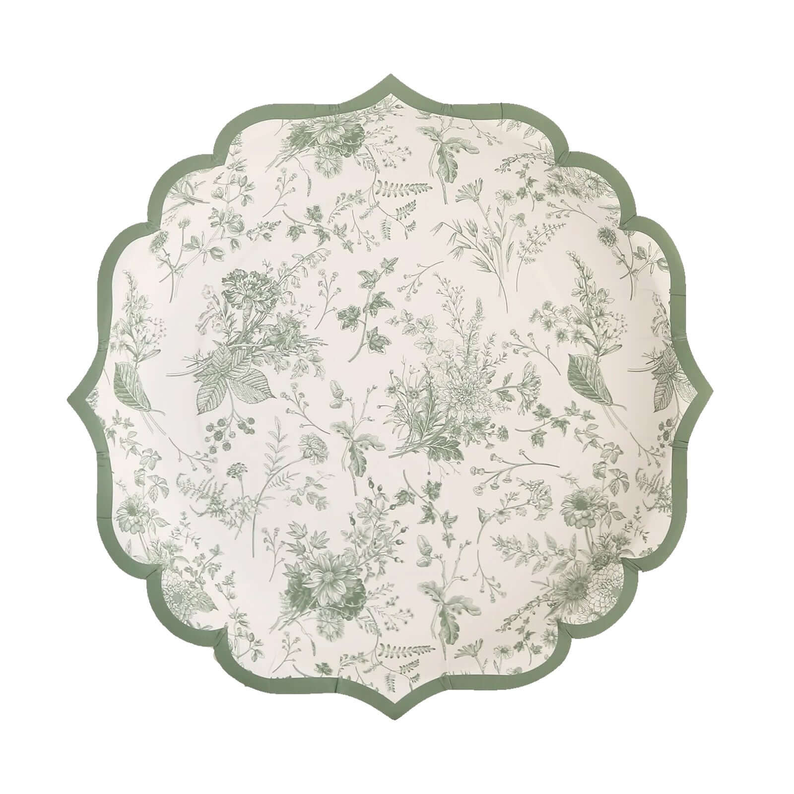 25-Piece Disposable White & Sage Green French Toile 8-Inch Round Dessert Plates for Stylish Tables