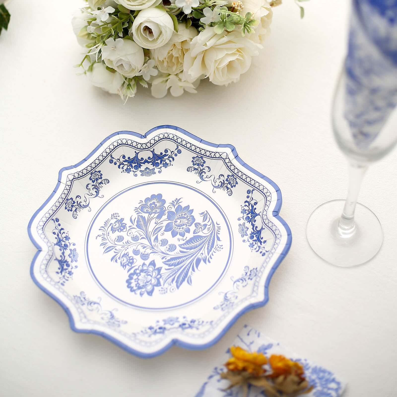 25-Pack Disposable White Paper Salad Plates with Light Blue Damask Floral Print and Scallop Rim