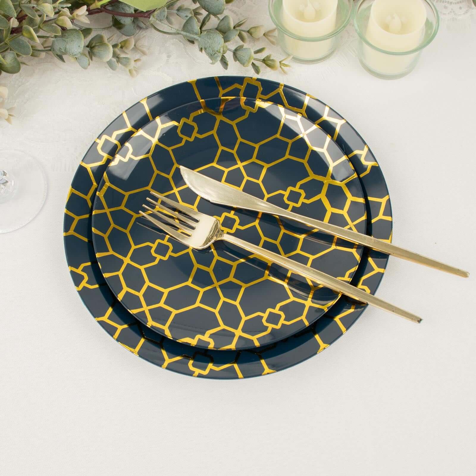 Hot Deal! 20-Pack Navy Blue Plastic Dinnerware Set with Gold Geometric Print for Weddings