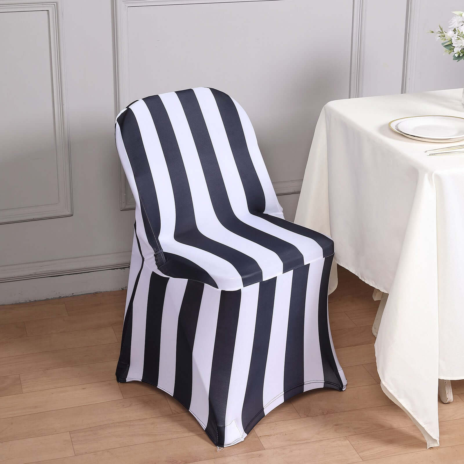 Black/White Vertical Striped 160GSM Stretch Spandex Slipcover for Folding Chairs with Foot Pockets