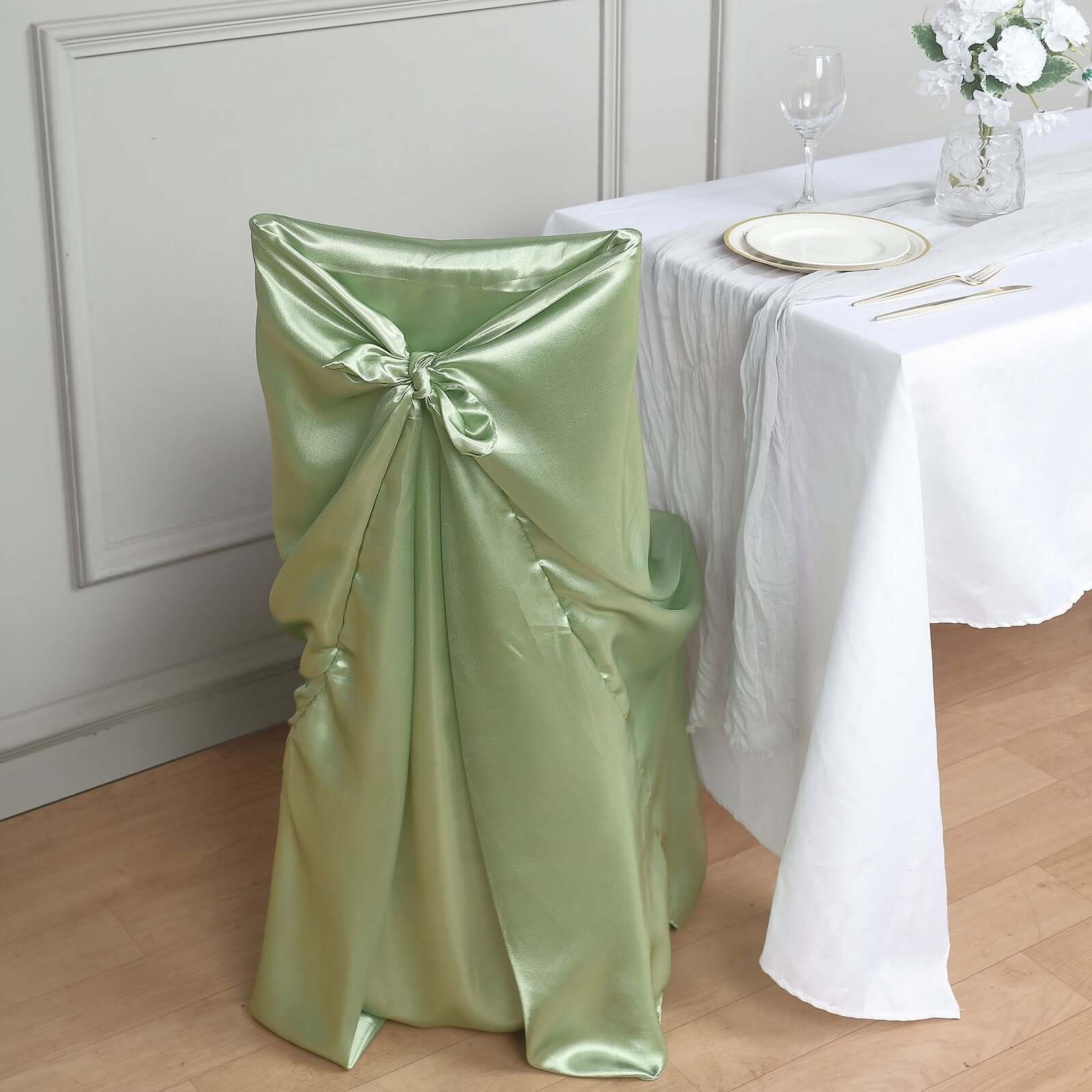 Sage Green Satin Self - Tie Chair Cover: Universal for Folding, Dining & Banquet Chairs